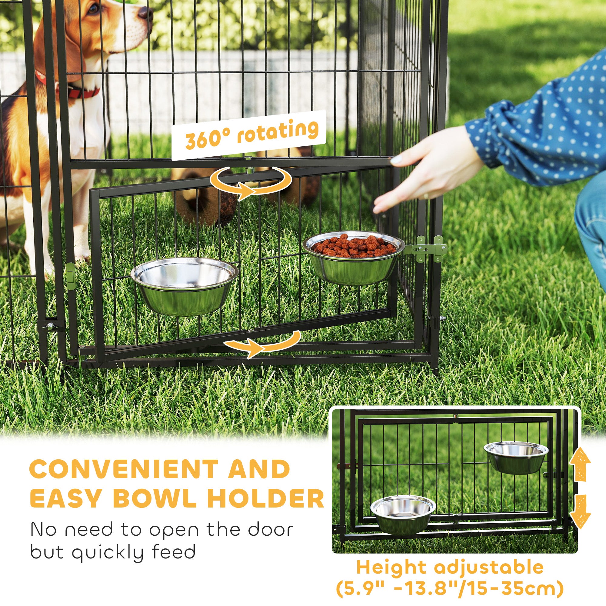 PawHut Outdoor Dog Kennel with Rotating and Adjustable Height Bowls, Waterproof UV-Resistant Cover, 11.3' x 4.7' x 5.1'