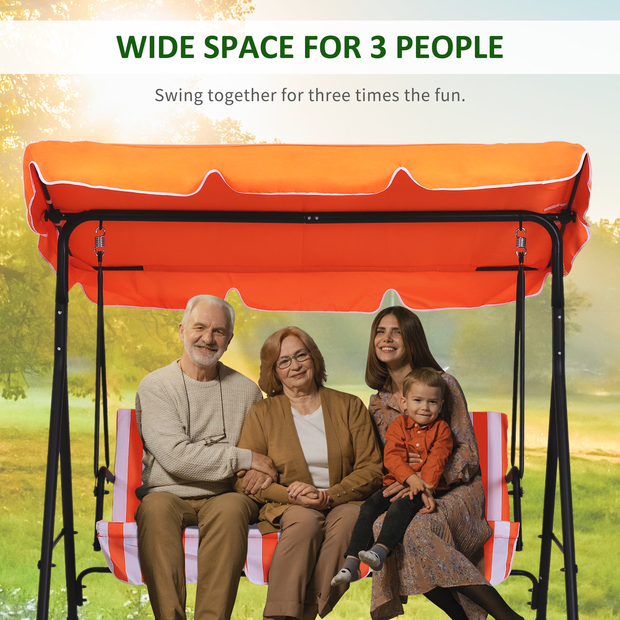 Outsunny 3-Seater Outdoor Porch Swing with Adjustable Canopy, Patio Swing Chair for Garden, Poolside, Backyard, Orange