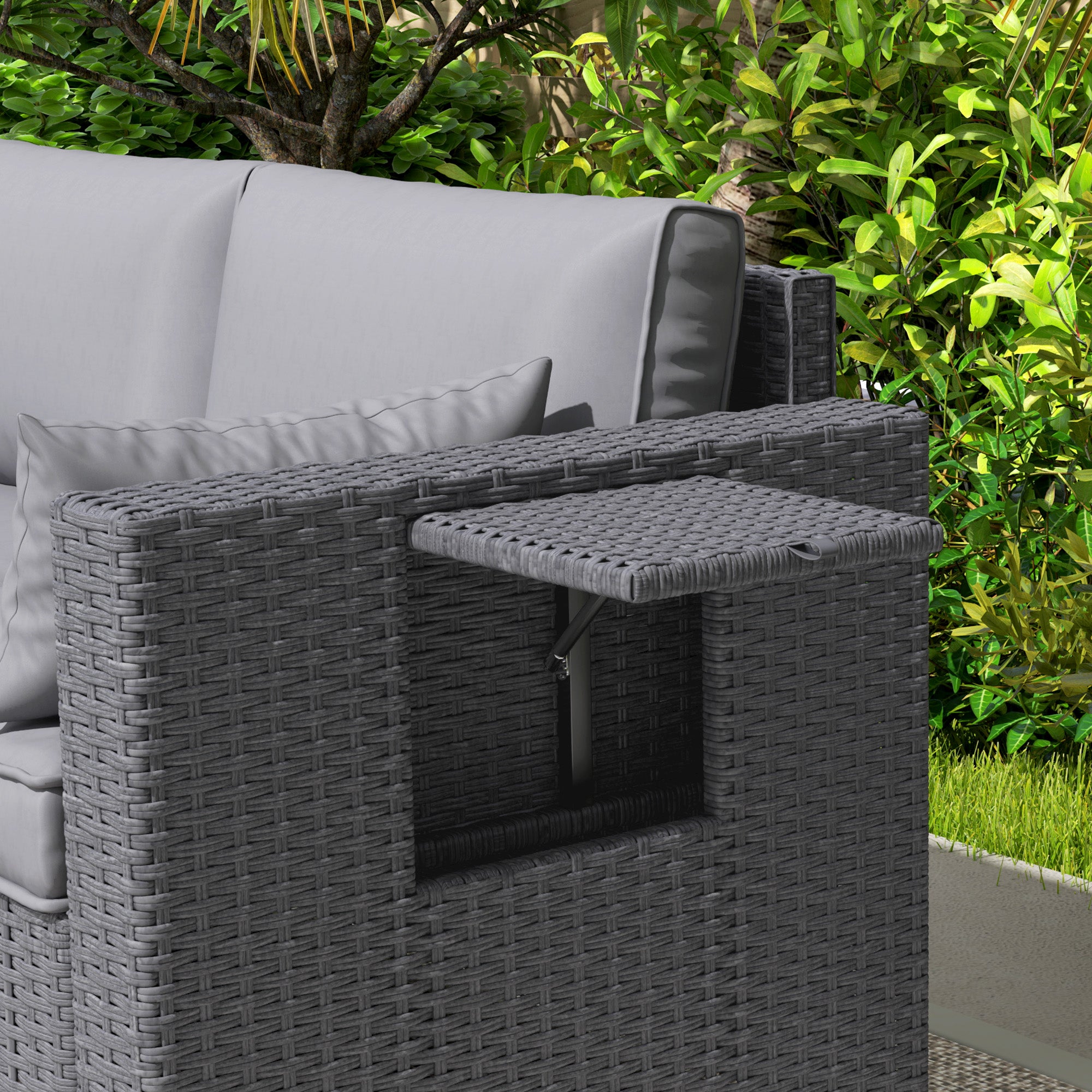 Outsunny 3 Seater Wicker Patio Sofa with Side Trays, Outdoor Couch with 6" Thick Back Cushions, Deep Seating, Grey