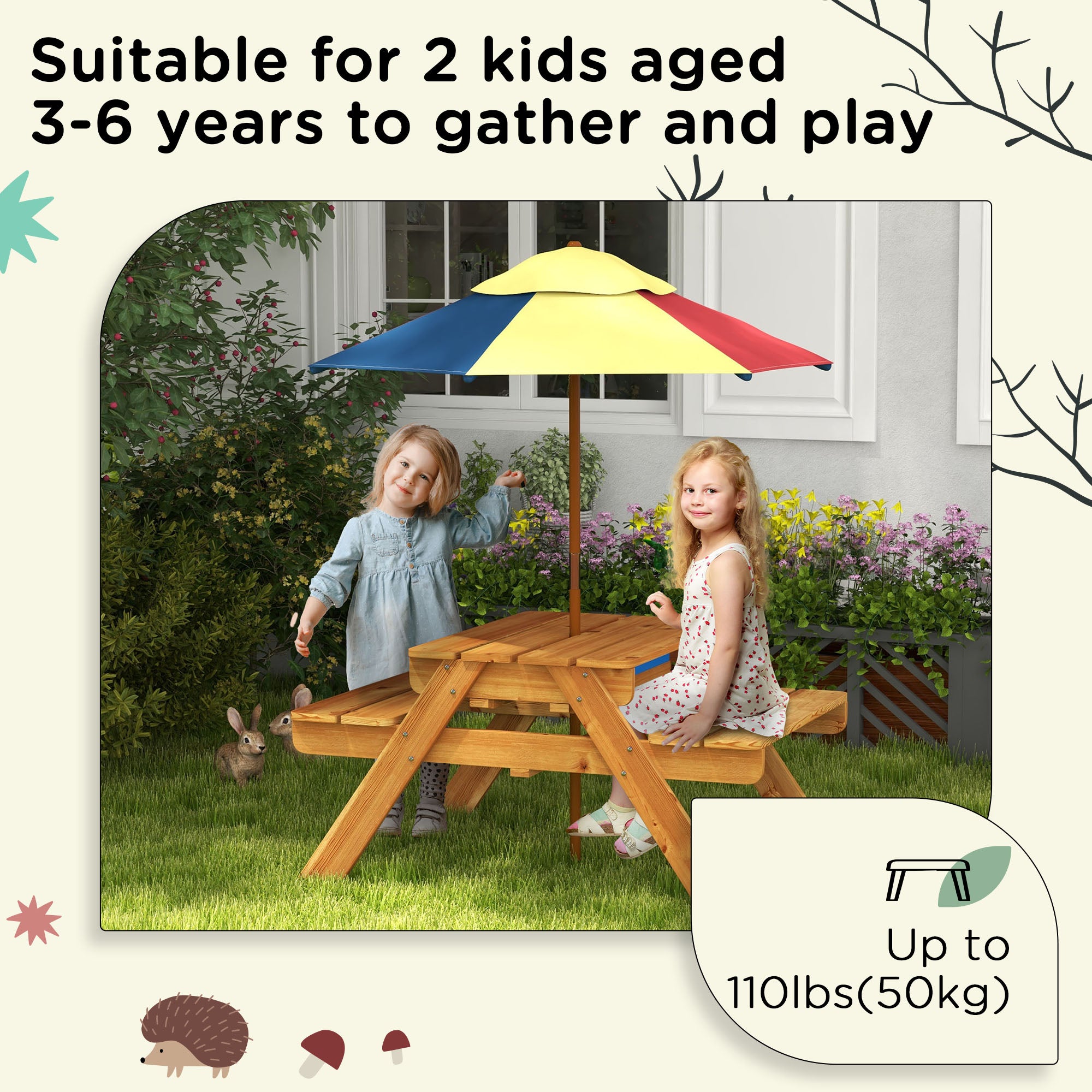 Outsunny Toddler Water Table Kids Sand & Water Table with Removable Foldable Umbrella for Patio Lawn Garden, Aged 3-6 Years Old