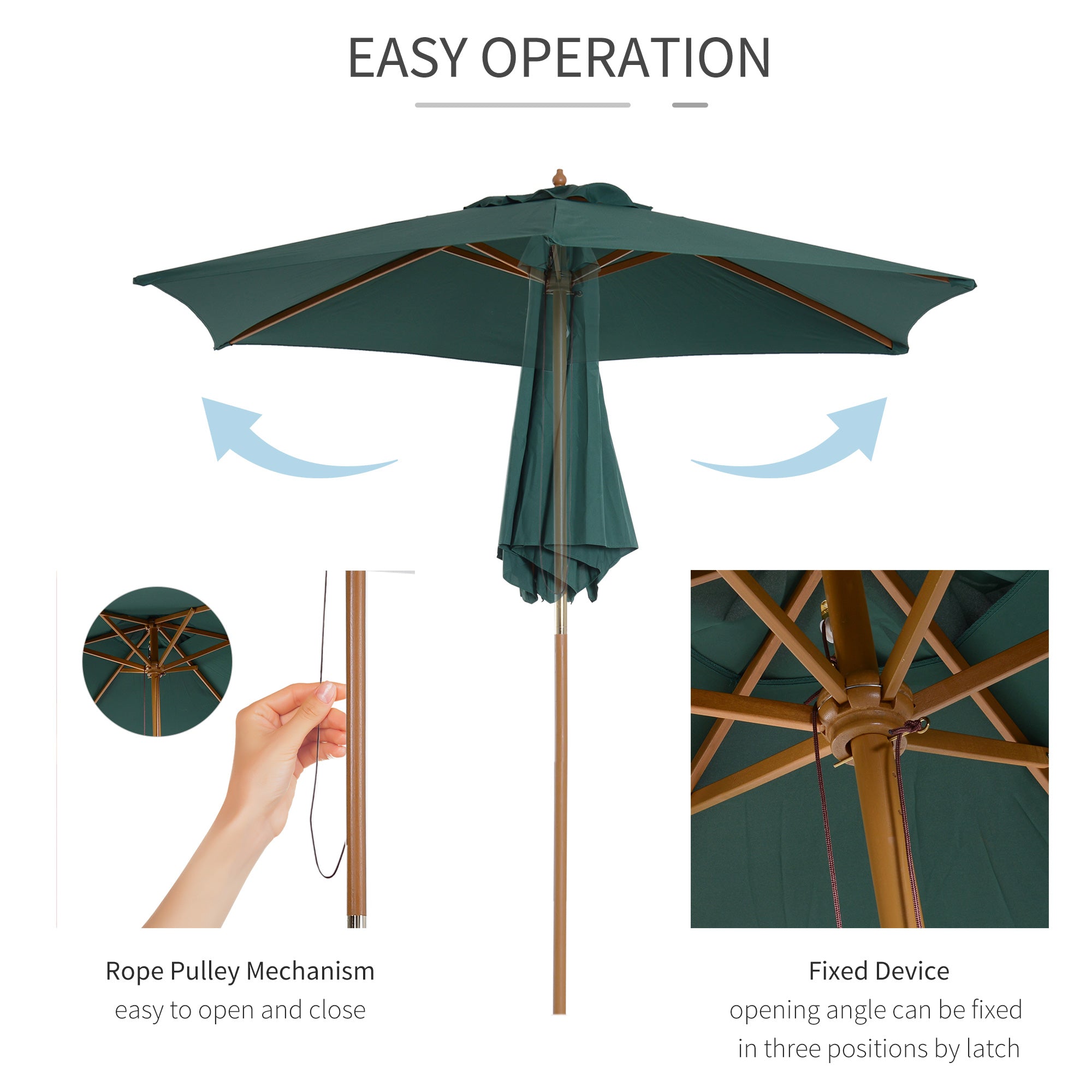 Outsunny 8FT Wood Market Umbrella Patio Umbrella Round Garden Parasol Canopy with Bamboo Ribs and Top Vent, Dark Green