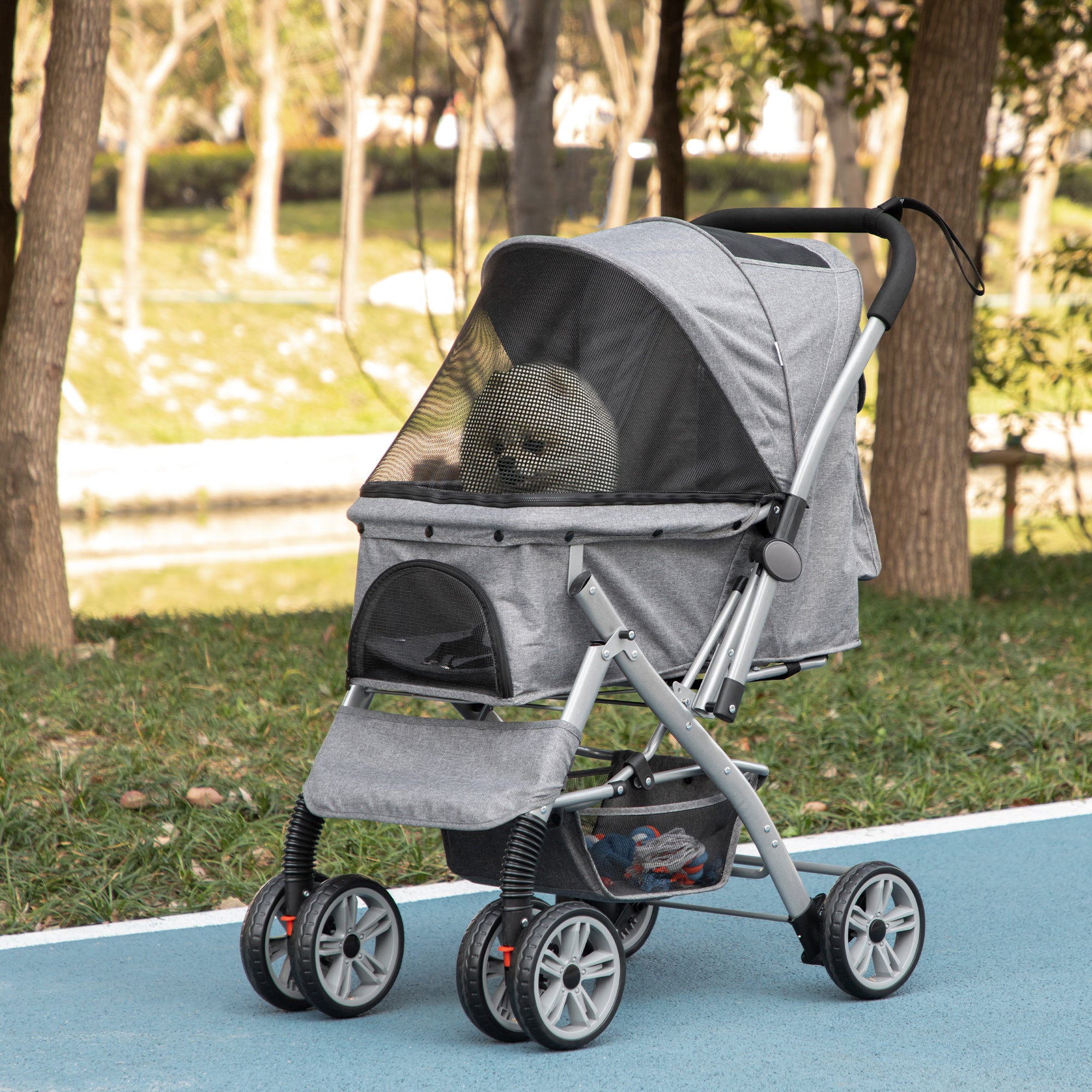 PawHut 4 Wheels Pet Stroller w/ Reversible Handle, Foldable Dog Cat Travel Carriage w/ EVA Wheels Basket Storage Bag 3-stage Canopy Grey