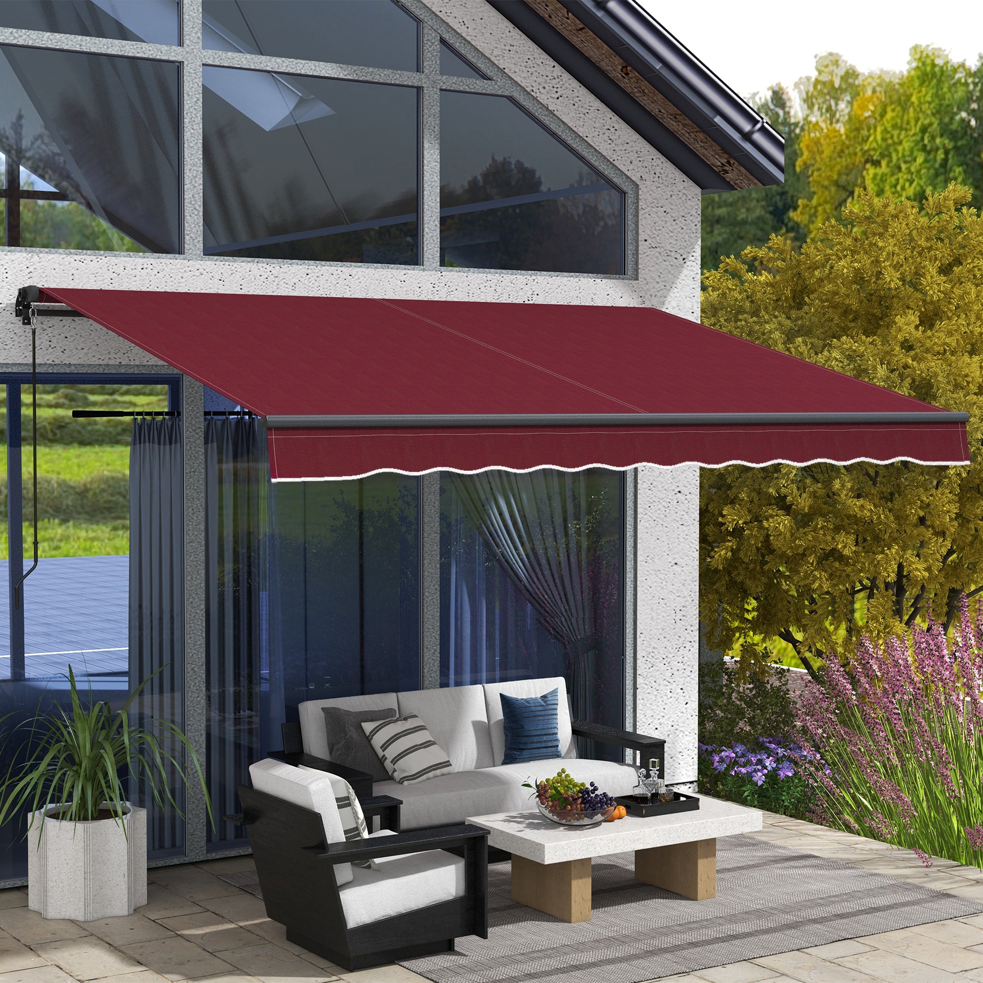 Outsunny 12' x 10' Retractable Awning, 280gsm UV Resistant Sunshade Shelter, for Deck, Balcony, Yard, Wine Red