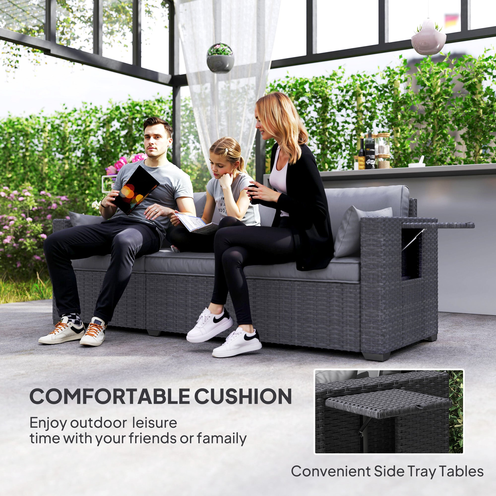 Outsunny 3 Seater Wicker Patio Sofa with Side Trays, Outdoor Couch with 6" Thick Back Cushions, Deep Seating, Grey