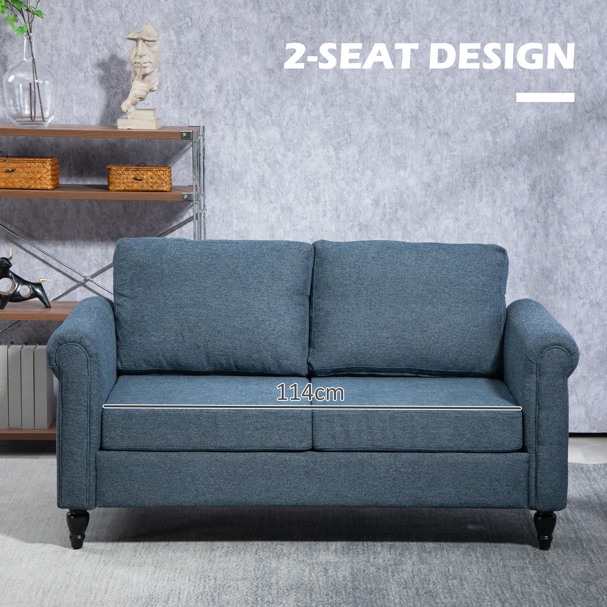 HOMCOM Vintage Loveseat, Upholstered Love Seat Furniture, Fabric 2 Seater Sofa with Rolled Arms, Rubber Wood Legs, Dark Blue