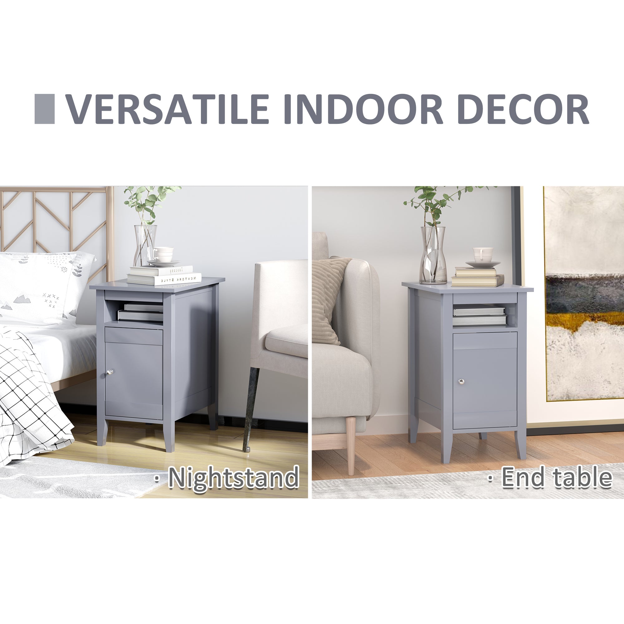 HOMCOM Wooden3-Tier Modern Nightstand with Pullout Shelf, Adjustable Open Shelf, and Door Cabinet, Grey