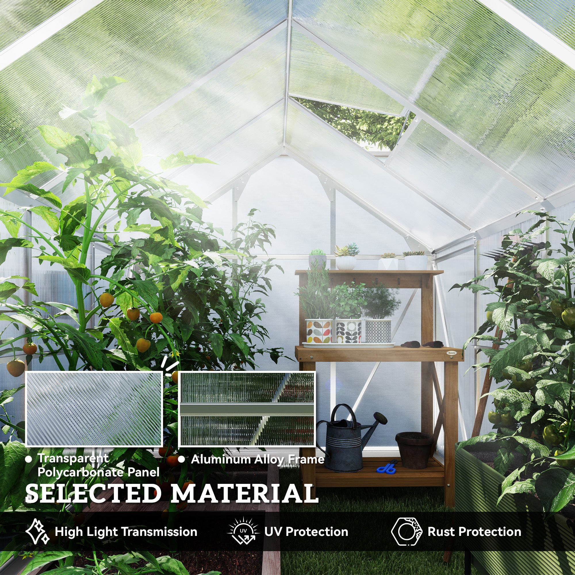 Outsunny 6' x 10' x 6.6' Polycarbonate Greenhouse, Walk-In Green House Kit Garden, Plants Grow, Galvanized Sheet Aluminum Frame with Rain Gutter, Vents and Sliding Door, Sliver