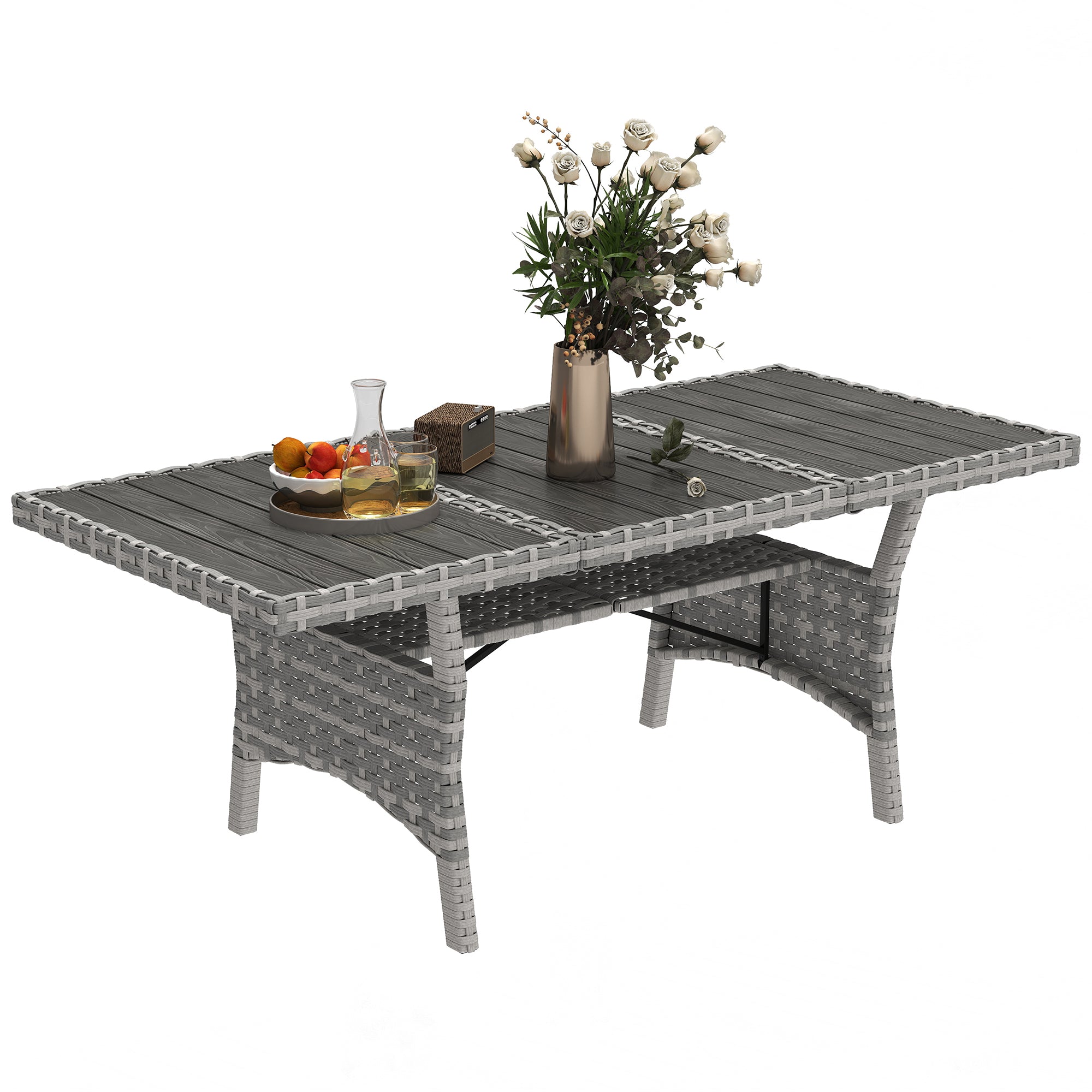 Outsunny 75" Outdoor Dining Table for 6-8, Wicker Patio Table with Storage Shelf and WPC Slatted Top for Balcony, Grey