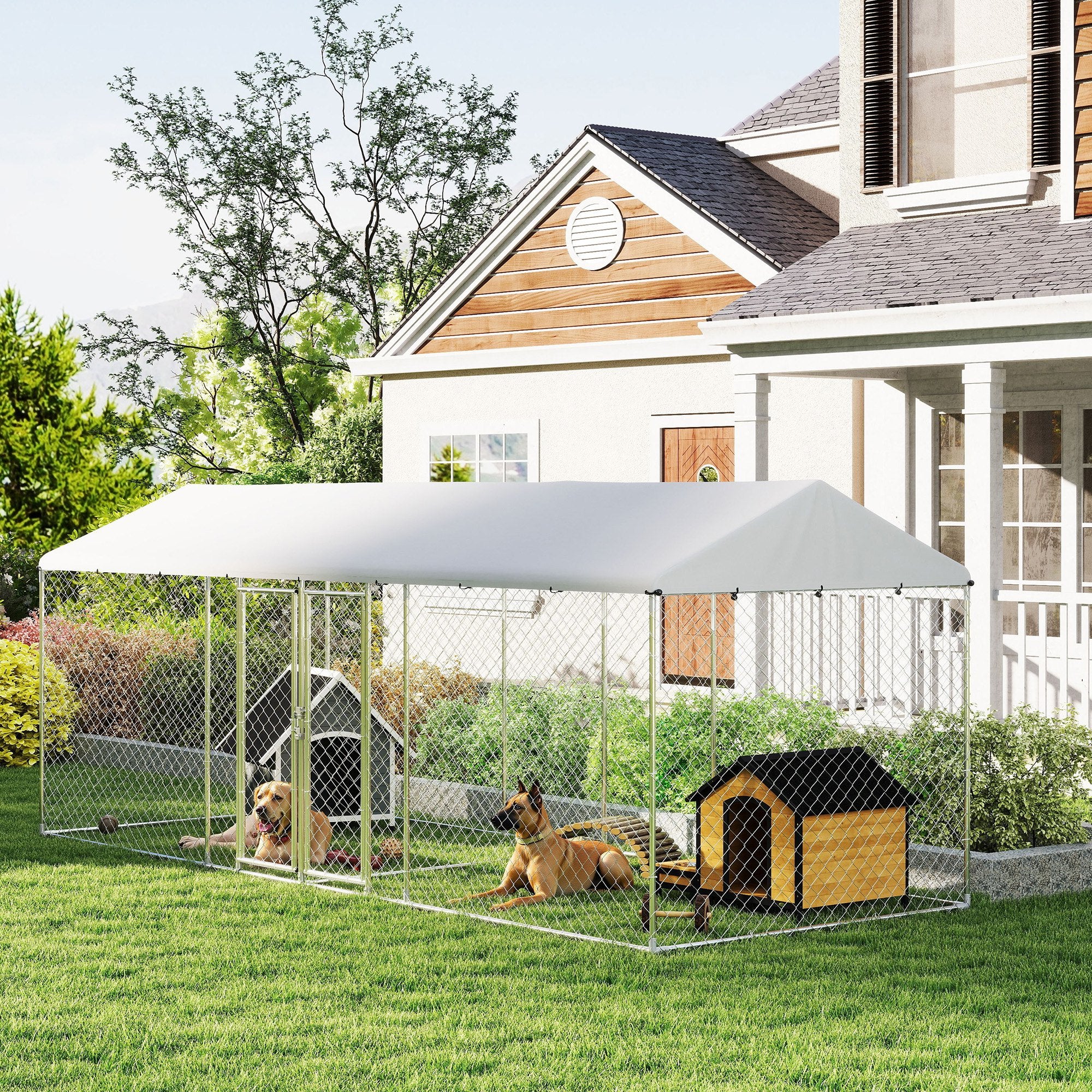 PawHut Outdoor Dog Kennel with Two Rooms, Waterproof UV-Resistant Cover, Escape-Proof Lock, 19.7' x 7.5' x 7.5'