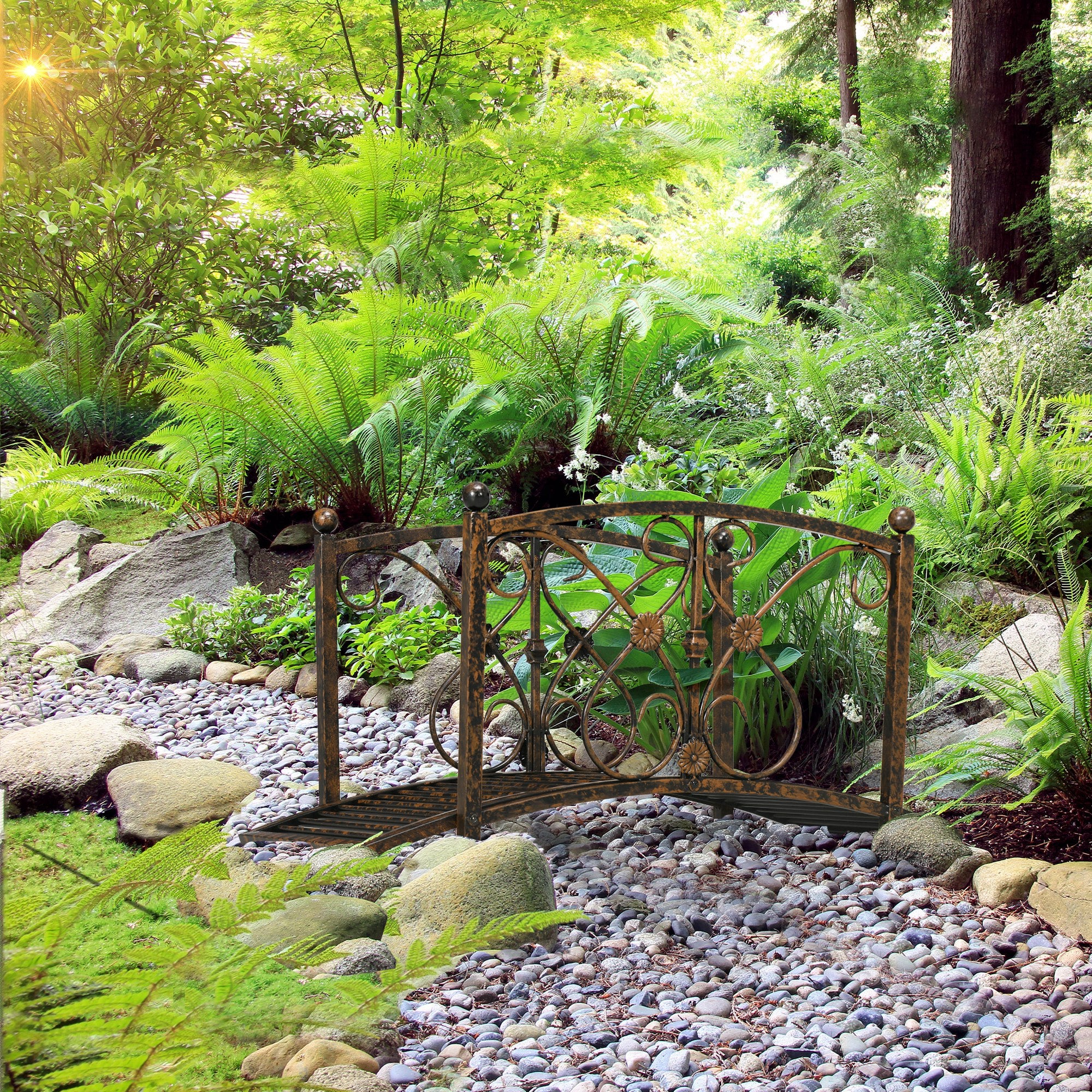 Outsunny Garden Bridge 3.3FT, Decorative Classic Backyard Pond Bridge with Safety Railings Brown