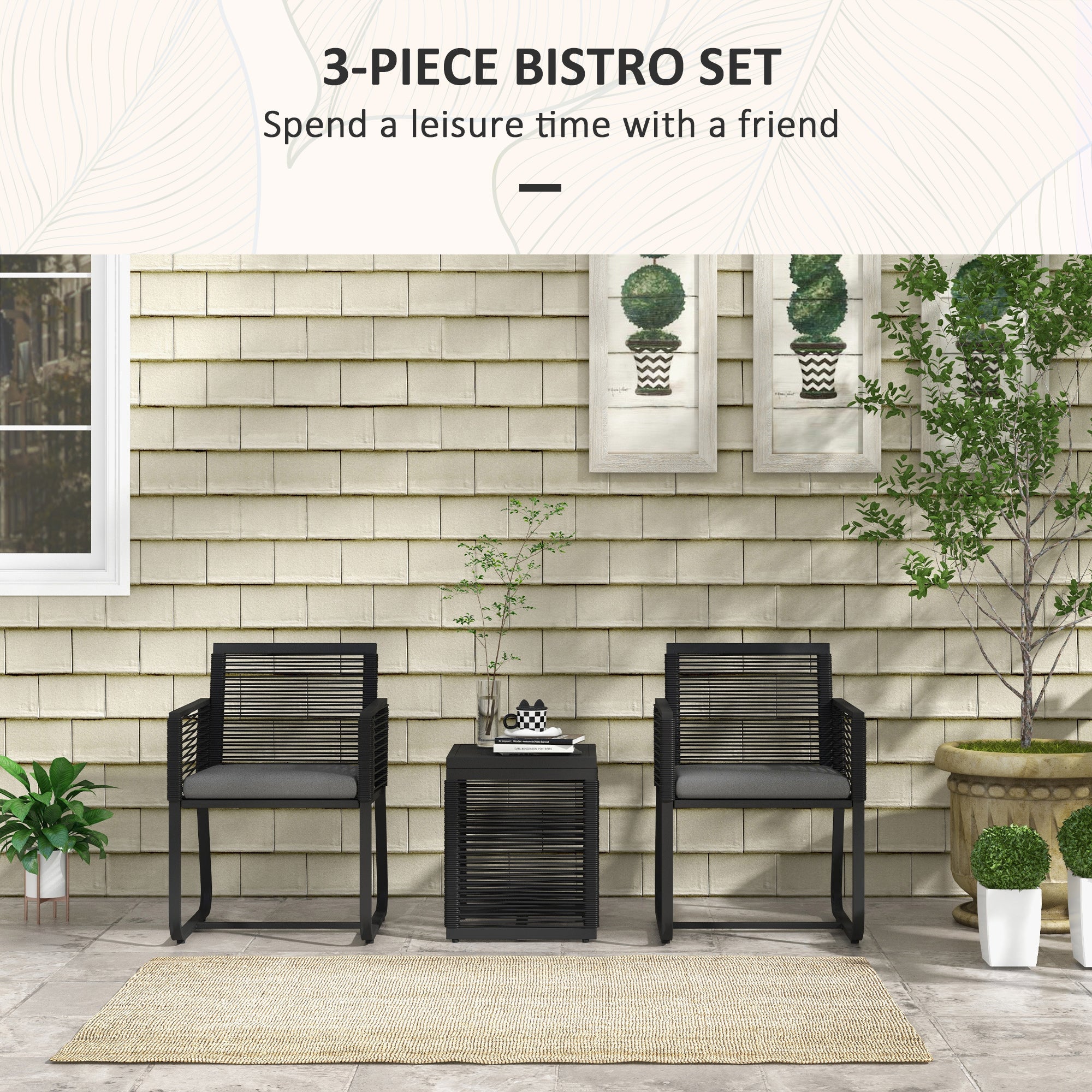 Outsunny 3 Pieces Patio Furniture Outdoor PE Rattan Bistro Set w/ Seat Cushions Tempered Glass Table for Garden Backyard, Black