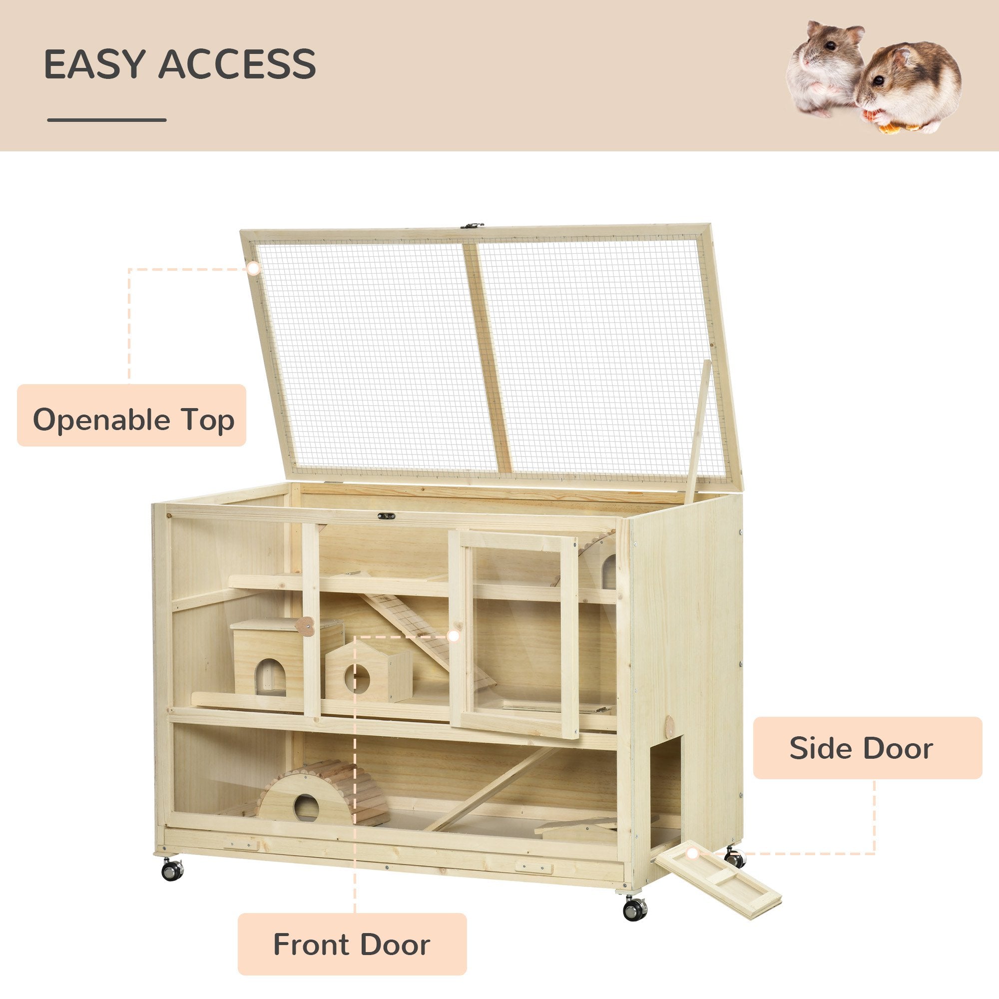 PawHut Wooden Hamster Cage, 3 Tier Rat Cage with Openable Roof, Run, Ladders, Run, Ladders, Wheels, Tray, Natural Wood