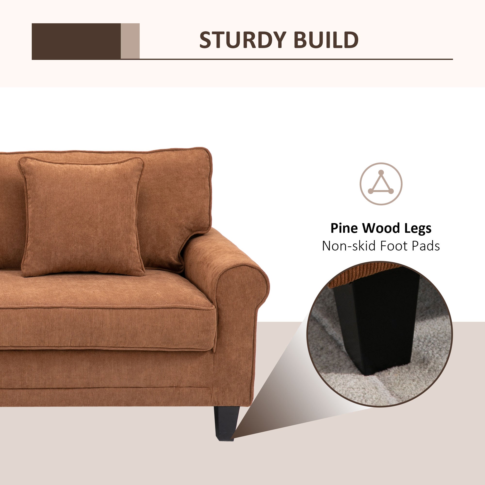 HOMCOM Modern 3 Seater Sofa, Corduroy Fabric 3 Seater Couch with Pine Wood Legs and Rolled Armrests for Living Room, Brown