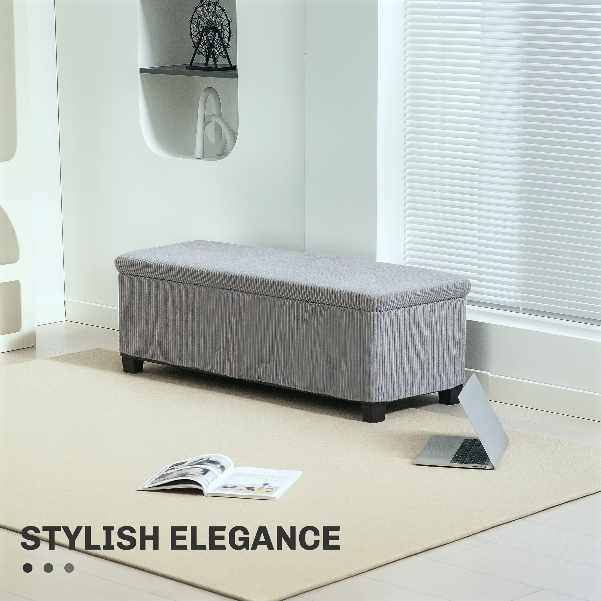 HOMCOM 44 Inches Ottoman with Storage, Lid, Legs, Corduroy End of Bed Bench for Living Room, Bedroom, Entryway, Light Grey