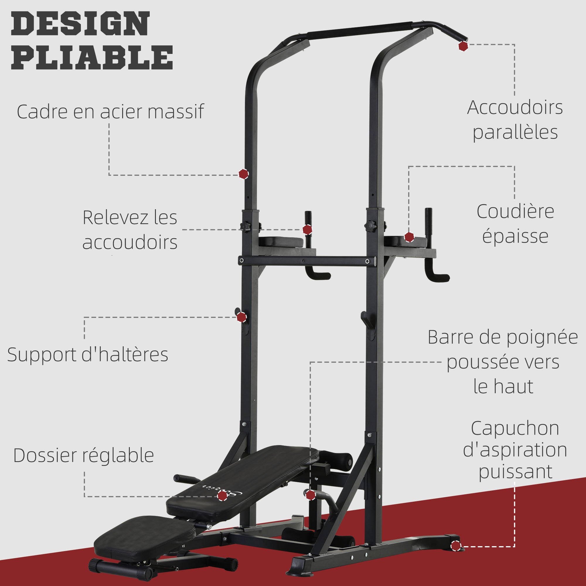 Soozier Foldable Power Tower Pull Up Dip Station with Adjustable Weight Bench for Home Gym Strength Training Fitness