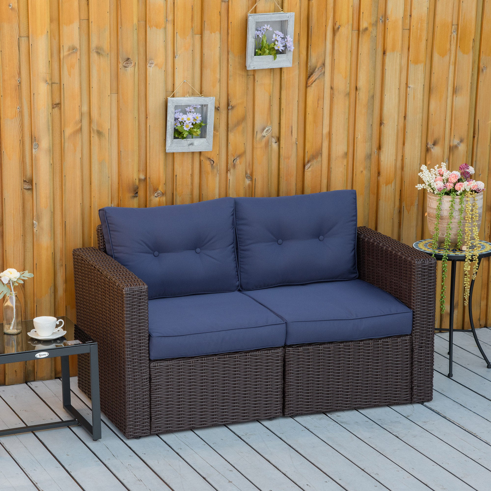Outsunny 2 Pieces Patio Furniture Set Outdoor Loveseat Wicker Corner Sofa Set Outdoor Freely Combination PE Rattan Furniture, W/ Curved Armrests & Padded Cushion for Balcony, Garden, Lawn, Dark Blue