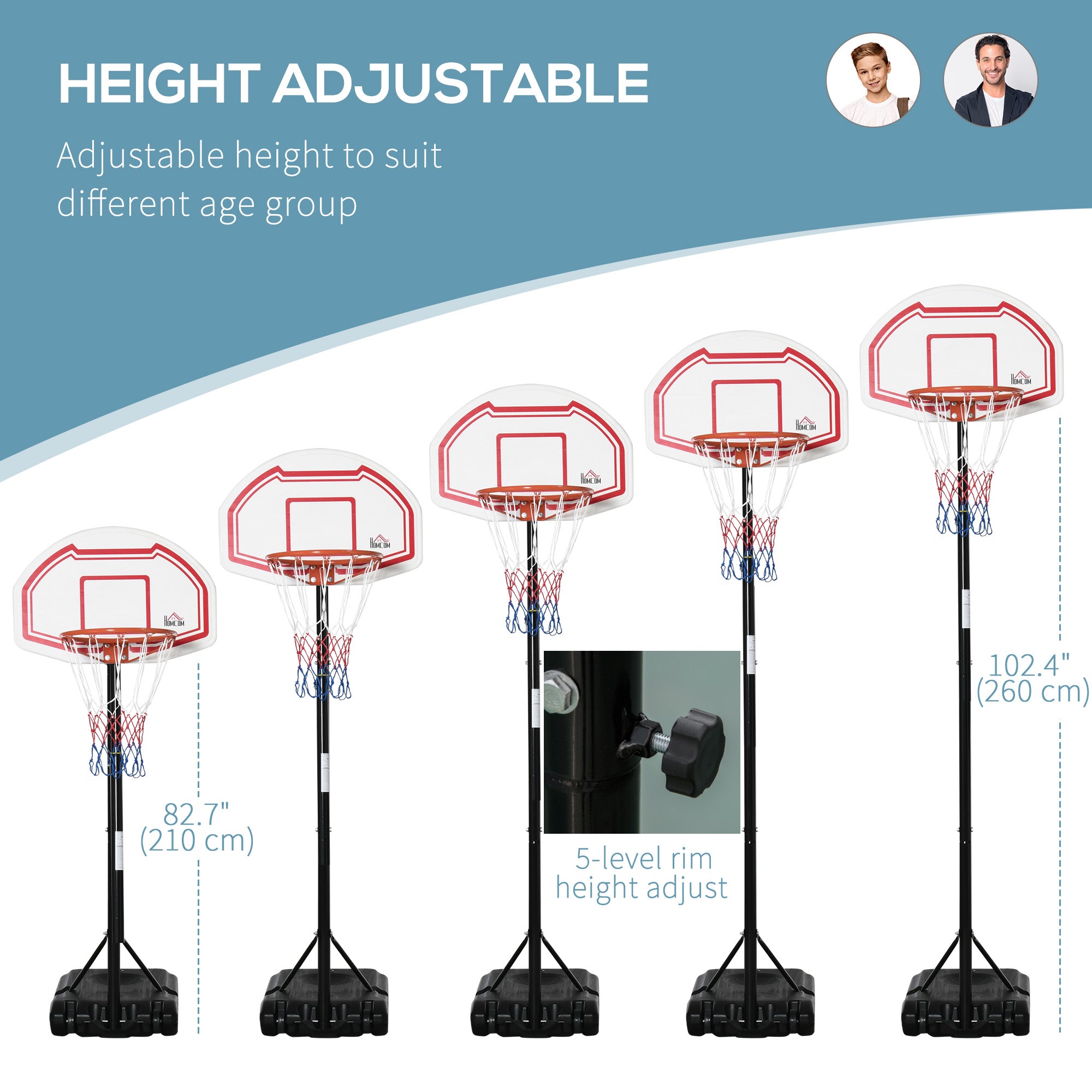 HOMCOM 7-8.5ft Basketball Hoop, Freestanding Basketball System with 27.5" Shatterproof Backboard and Wheels, White