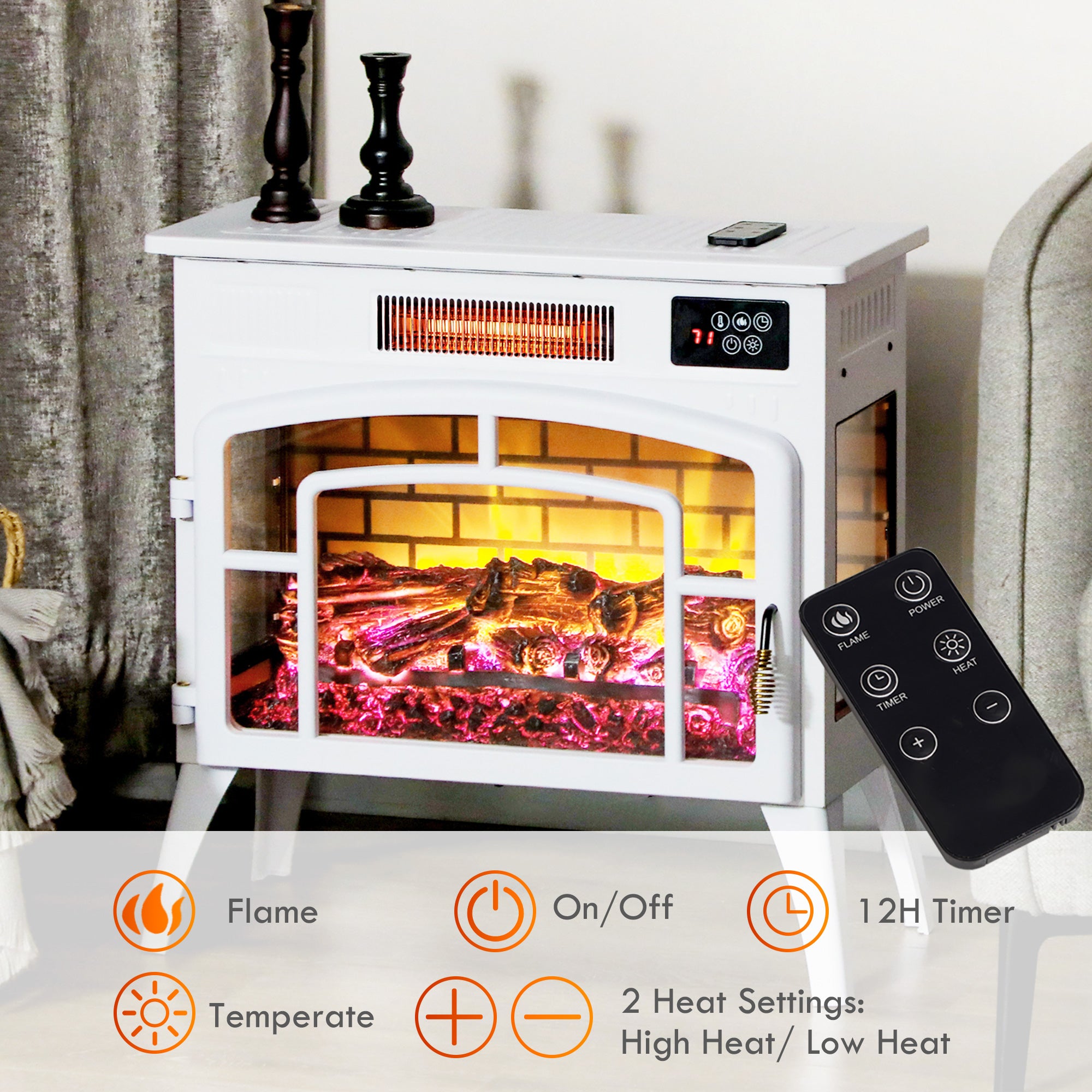 HOMCOM Electric Fireplace Stove, Infrared Fireplace Heater with Realistic Flame, Adjustable Temperature, 1500W, White