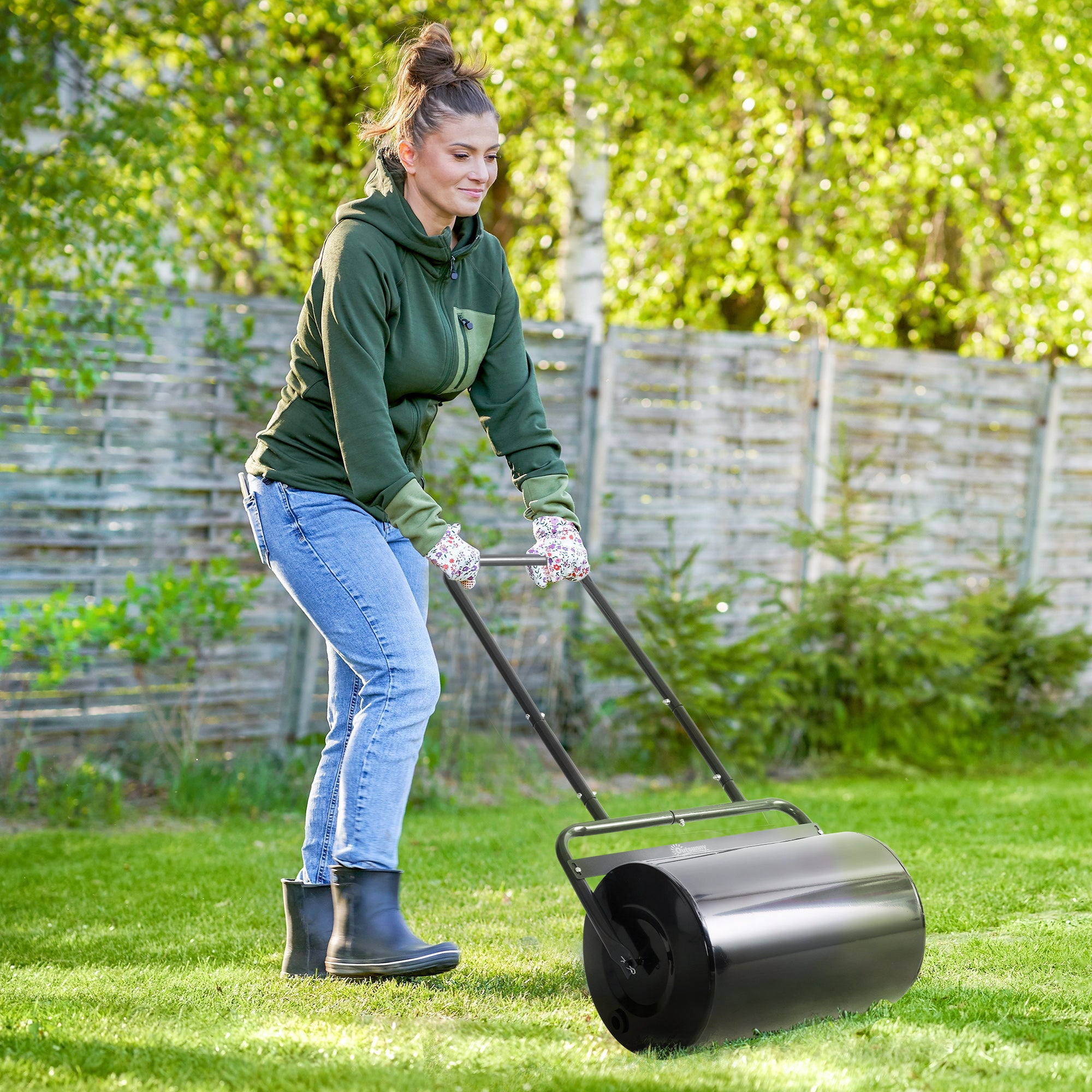 Outsunny Heavy Duty Lawn Roller, 20" Push/Tow Behind Sod Roller, Grass Flattener Filled with 11gal Water/136lbs Sand, Black