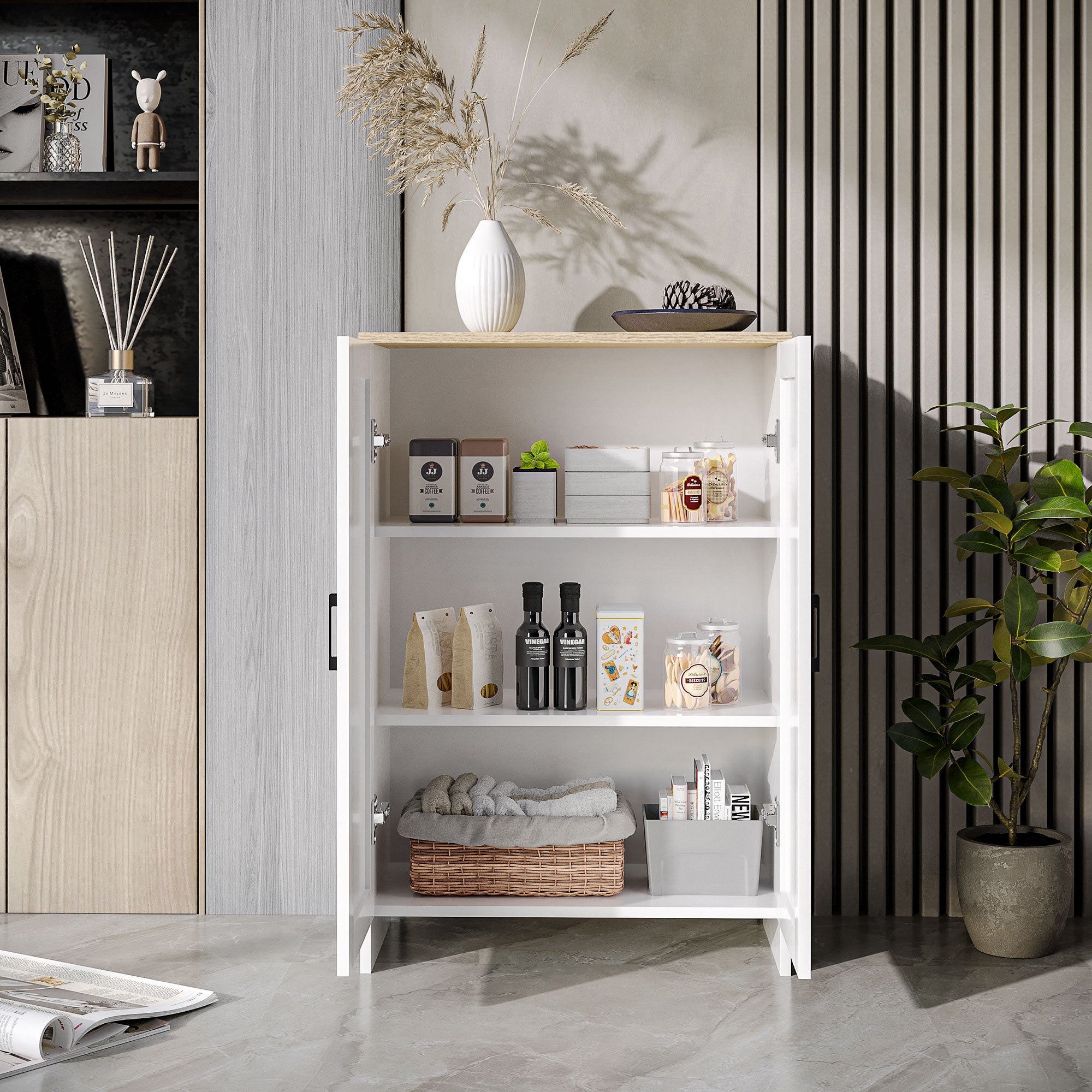 HOMCOM Modern Storage Cabinet with Doors and Adjustable Shelf for Kitchen, Living room, 23.6" x 11.8" x 35.4", White