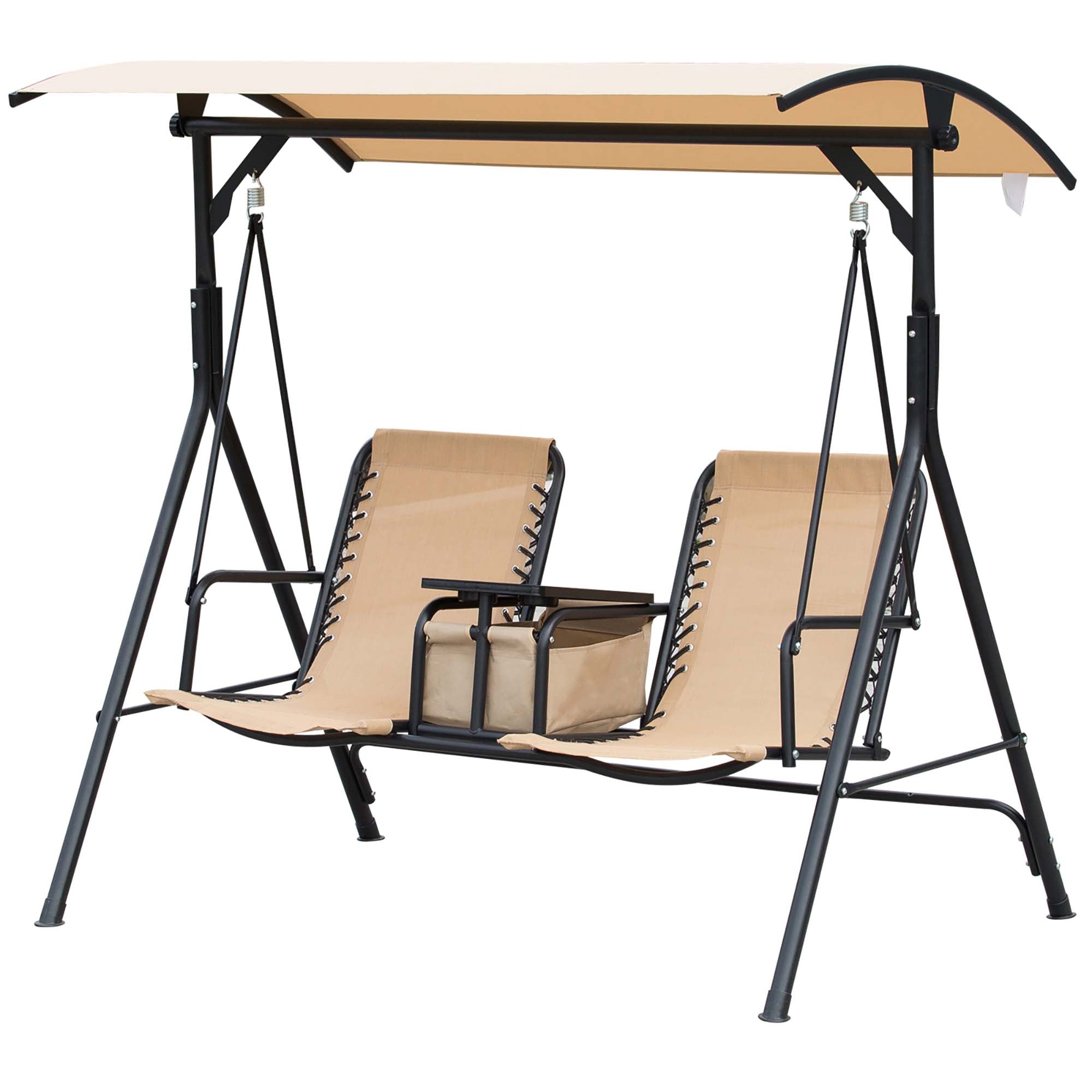 Outsunny 2 Person Covered Porch Swing Patio Swing with Pivot Storage Table, Cup Holder, & Adjustable Overhead Canopy, Beige