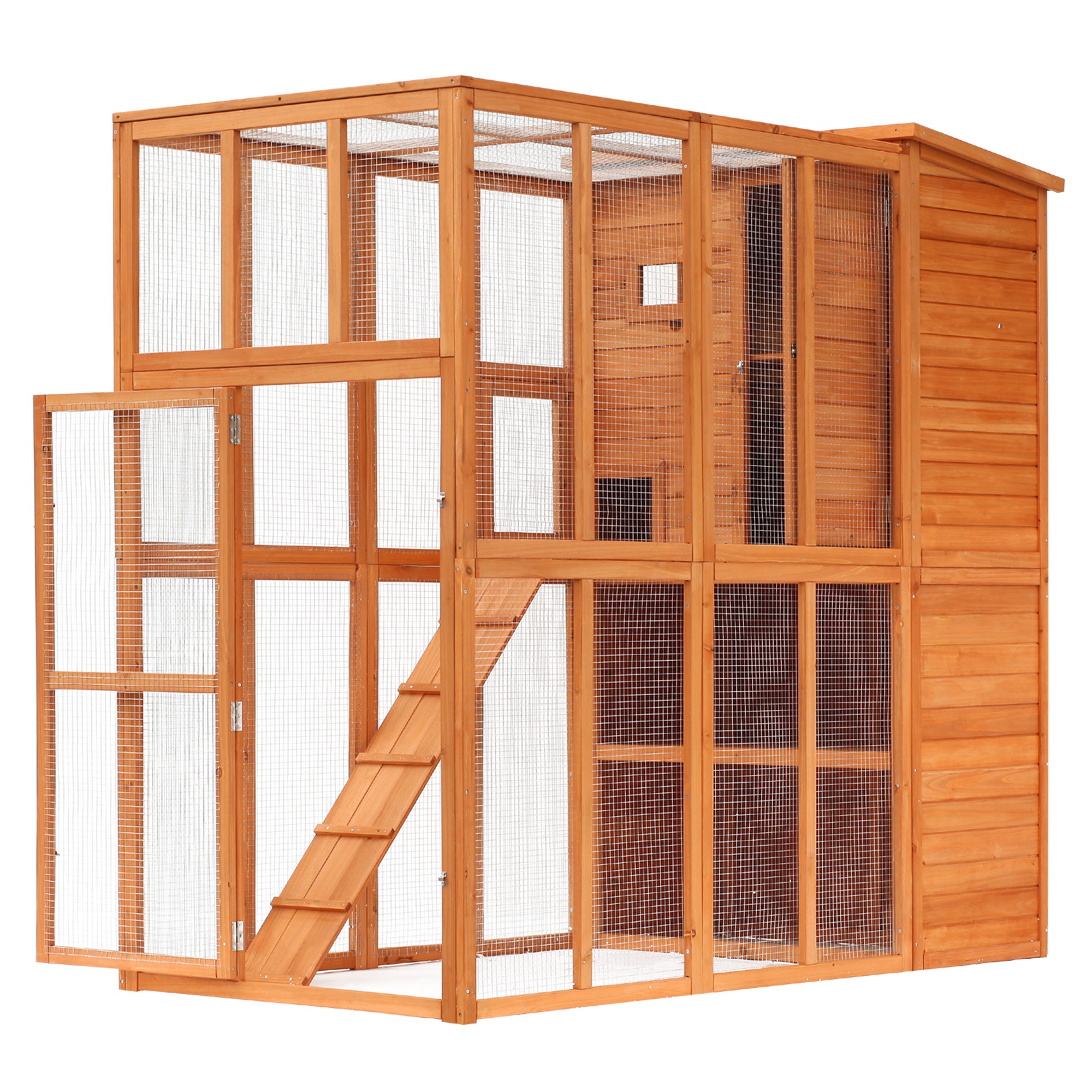 PawHut Large Wooden Outdoor Cat House with Large Run for Play, Catio for Lounging, and Condo Area for Sleeping, Natural