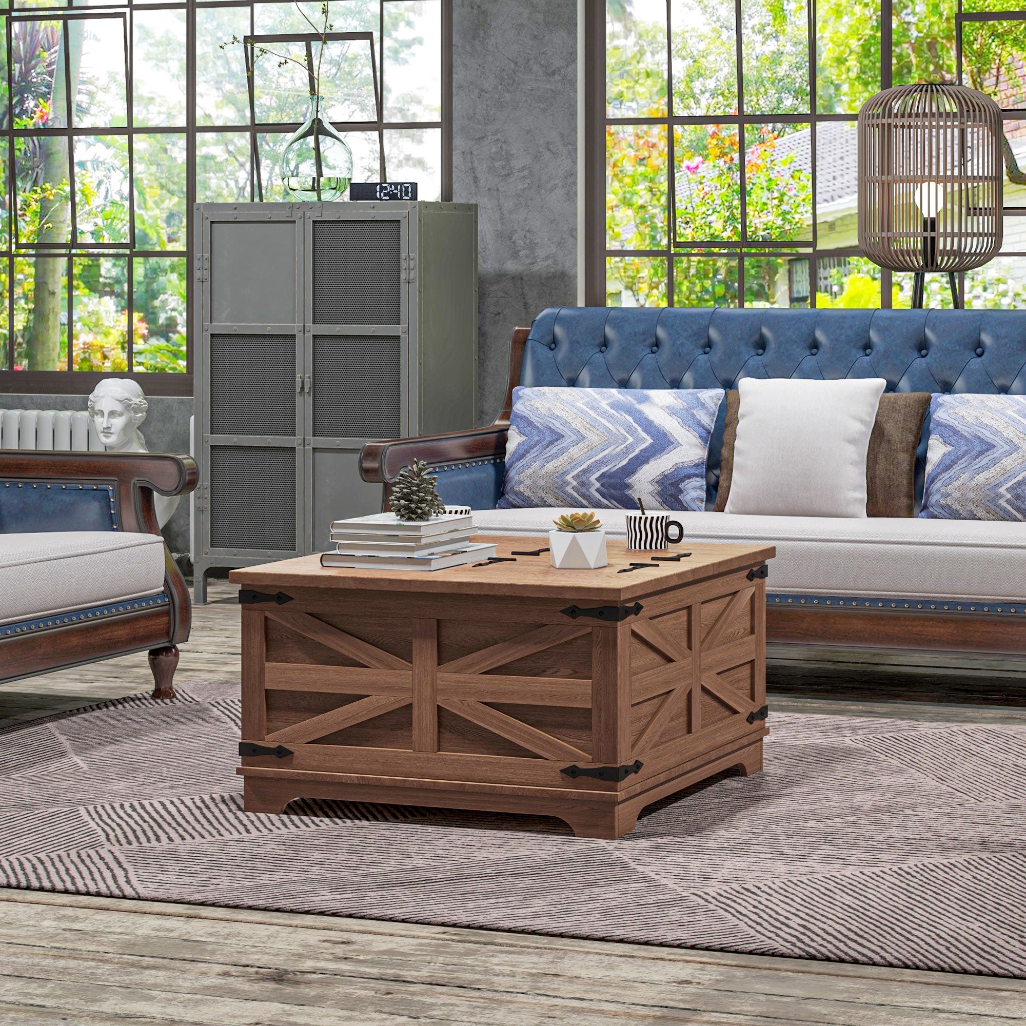 HOMCOM Farmhouse Coffee Table, Square Center Table with Flip-top Lids, Hidden Storage Compartment, Brown