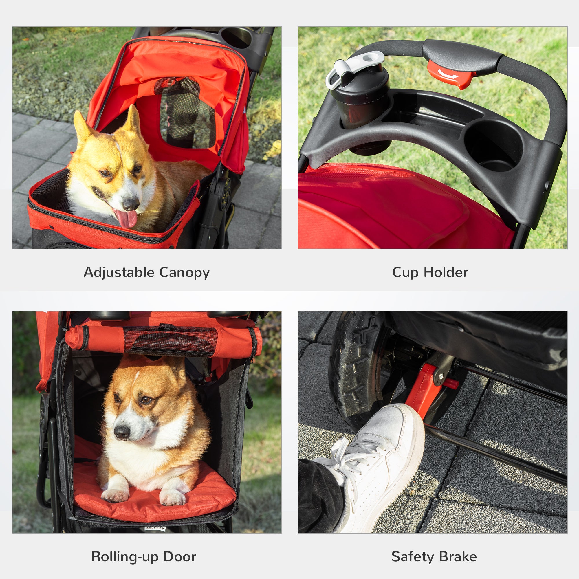PawHut 3 Wheel Folding Dog Stroller, Jogger Travel Carrier with Adjustable Canopy, Storage Brake, Mesh Window for S&M Dogs, Red