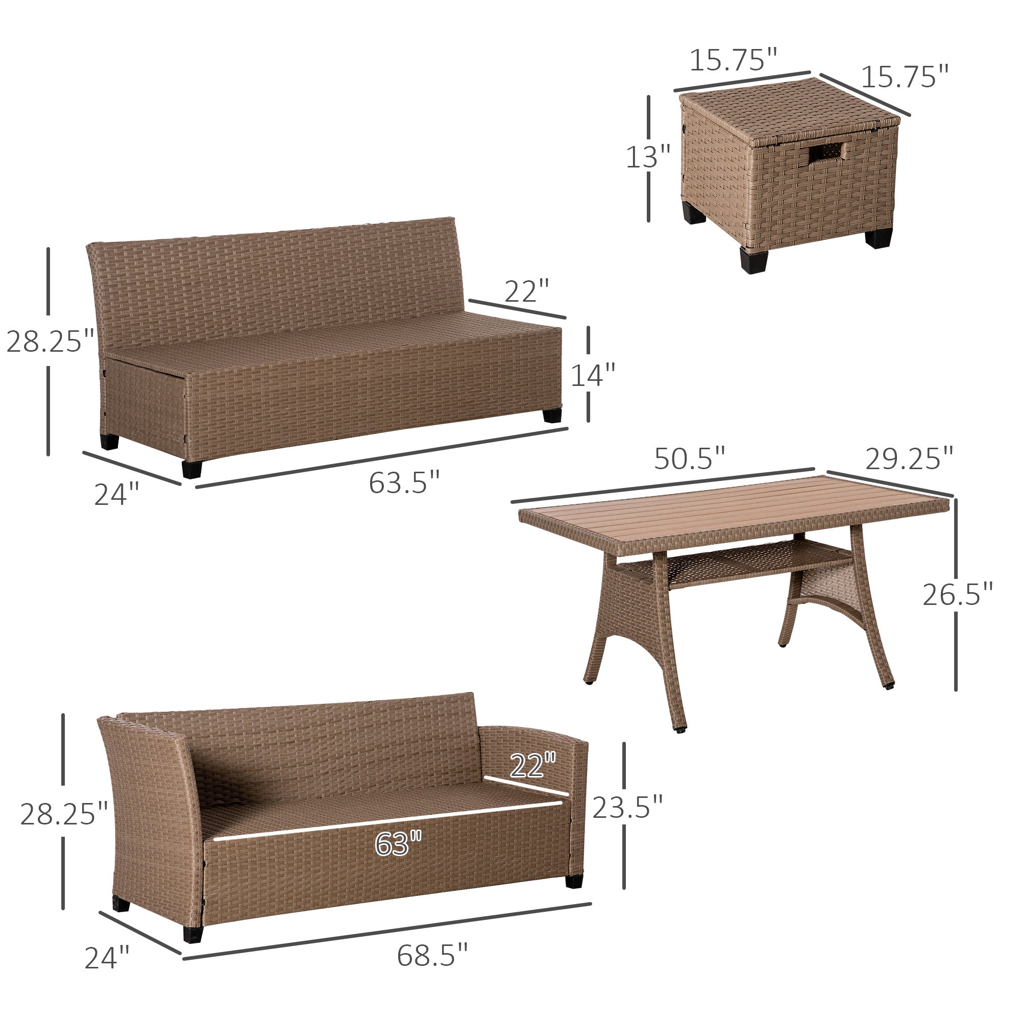 Outsunny 6 Pieces Patio Furniture Set, Outdoor Wicker Sofa Set, All Weather PE Rattan Conversation Furniture, with Strip Wood Grain Plastic Coffee Table & Cushions, Khaki