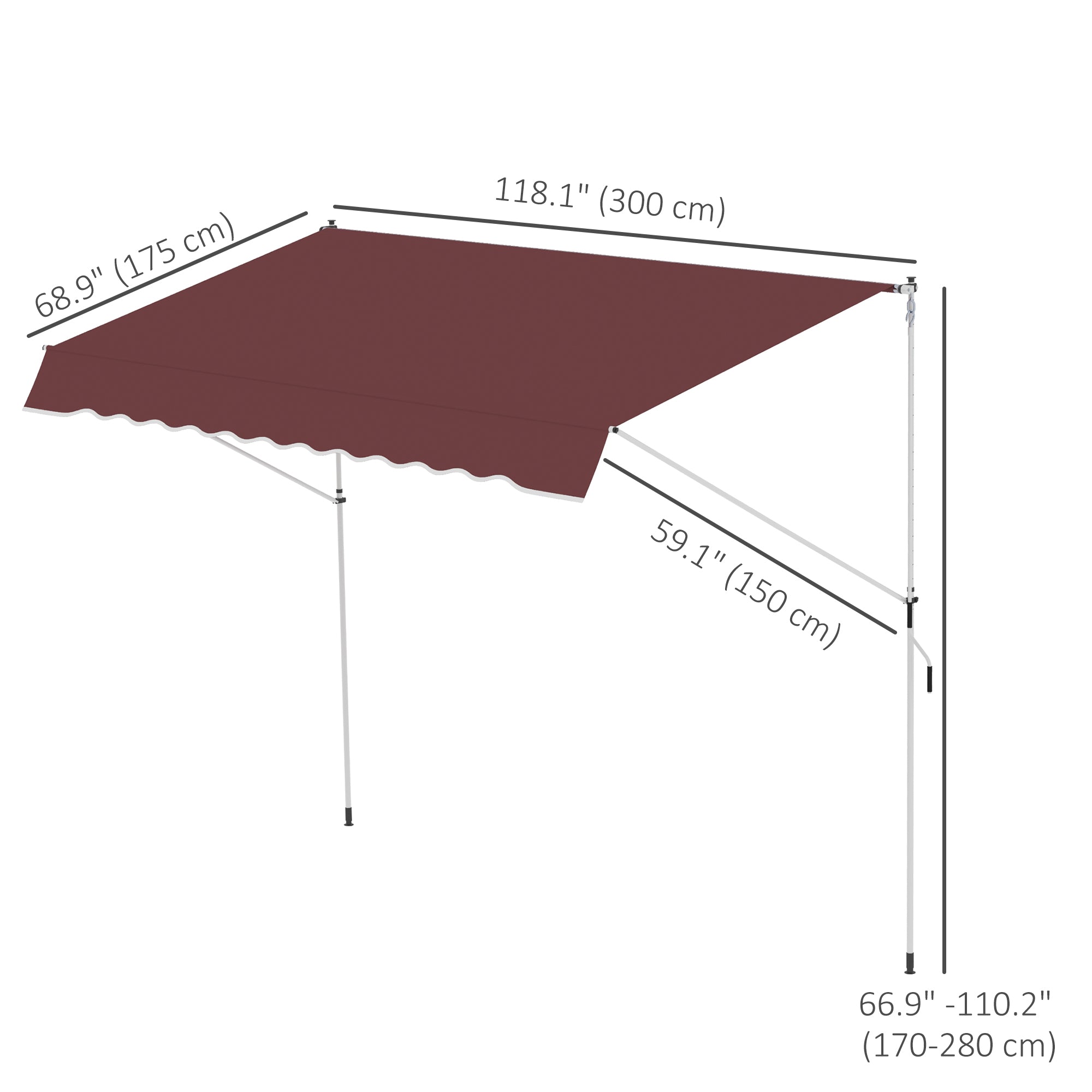 Outsunny 10x5ft Patio Sun Shade Canopy Manual Retractable Awning with 5.6-9.2ft Support Pole for Window, Door, Porch, Wine Red