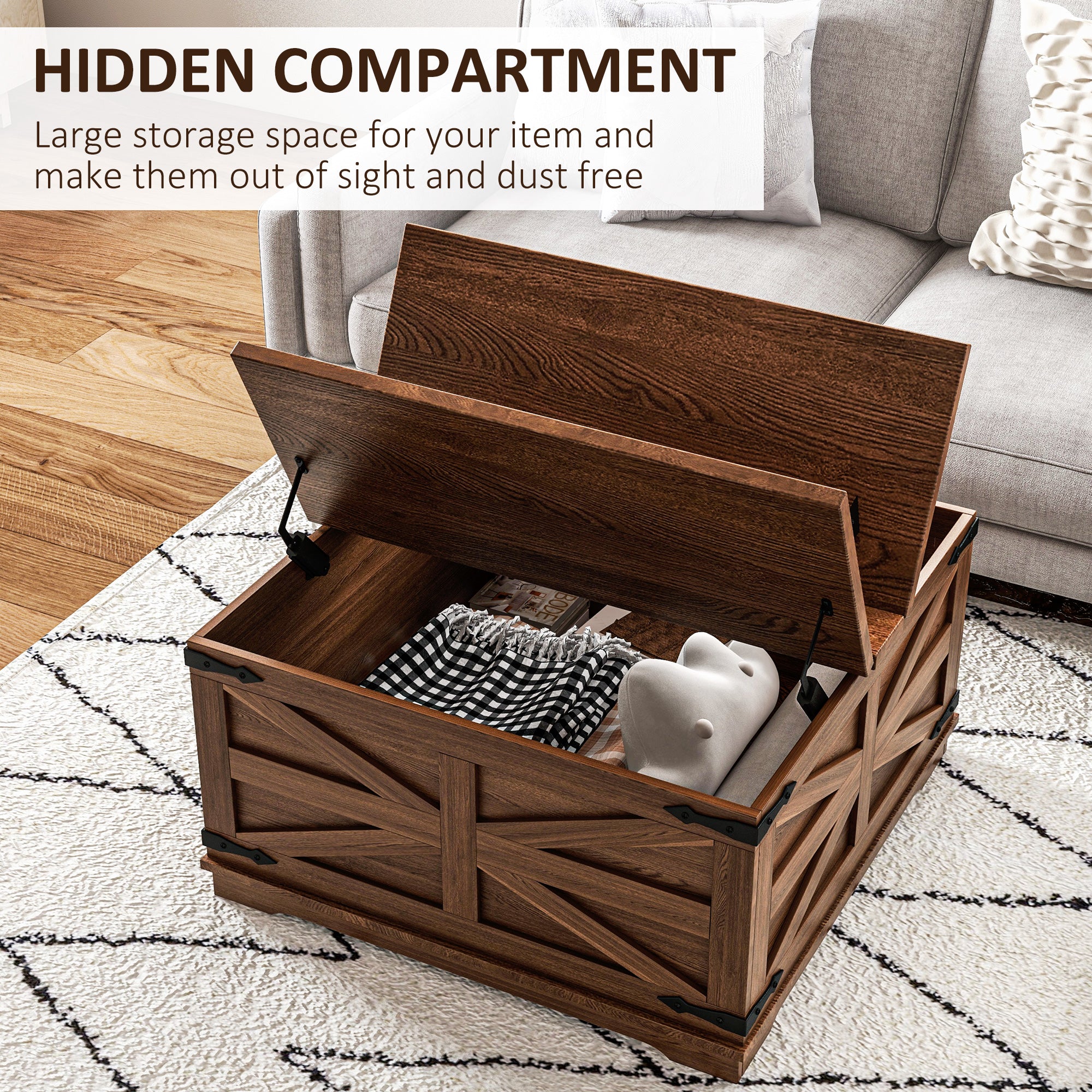 HOMCOM Farmhouse Coffee Table, Square Center Table with Flip-top Lids, Hidden Storage Compartment, Brown