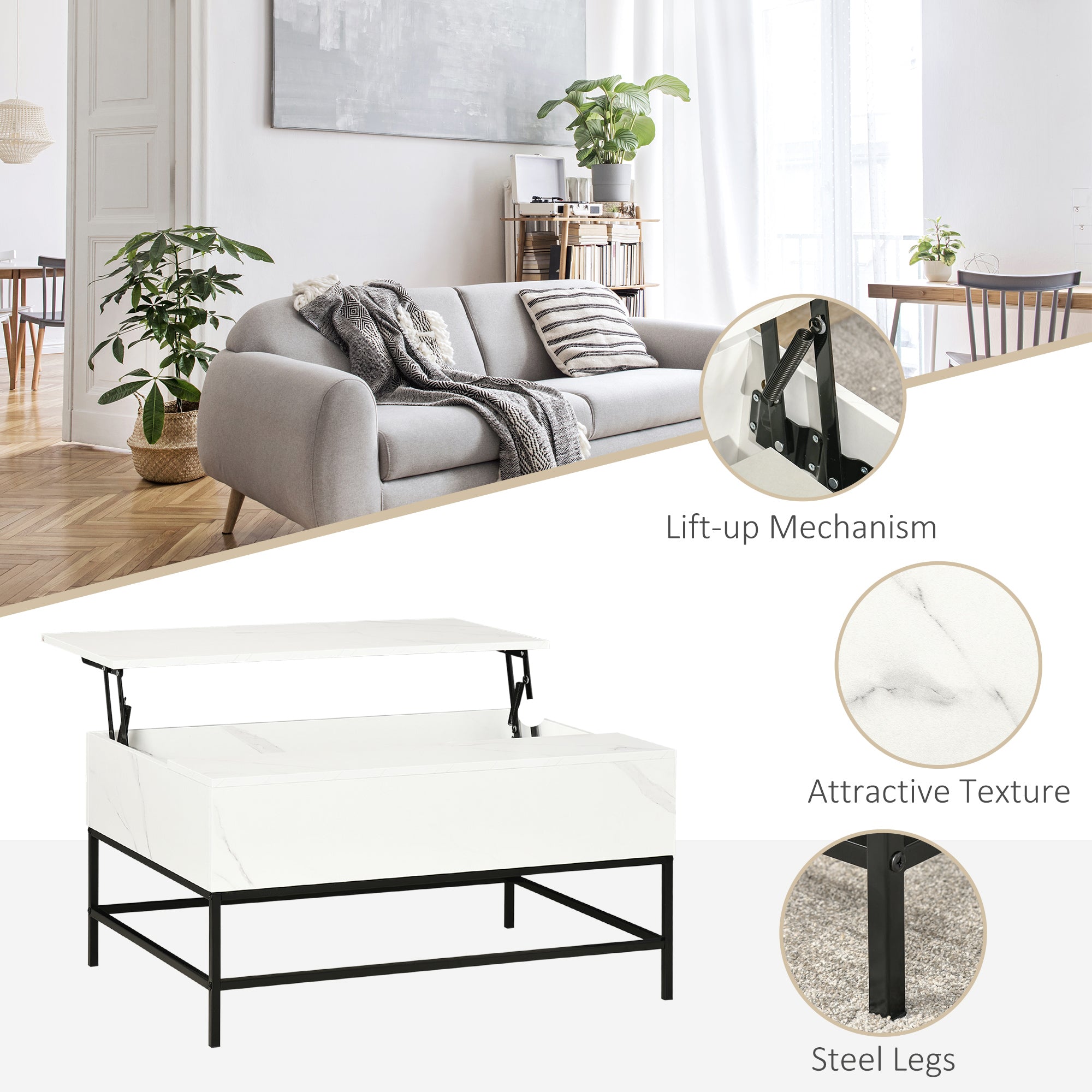HOMCOM Lift Top Coffee Table with Hidden Storage Compartment Lift Tabletop Center Table for Living Room, White