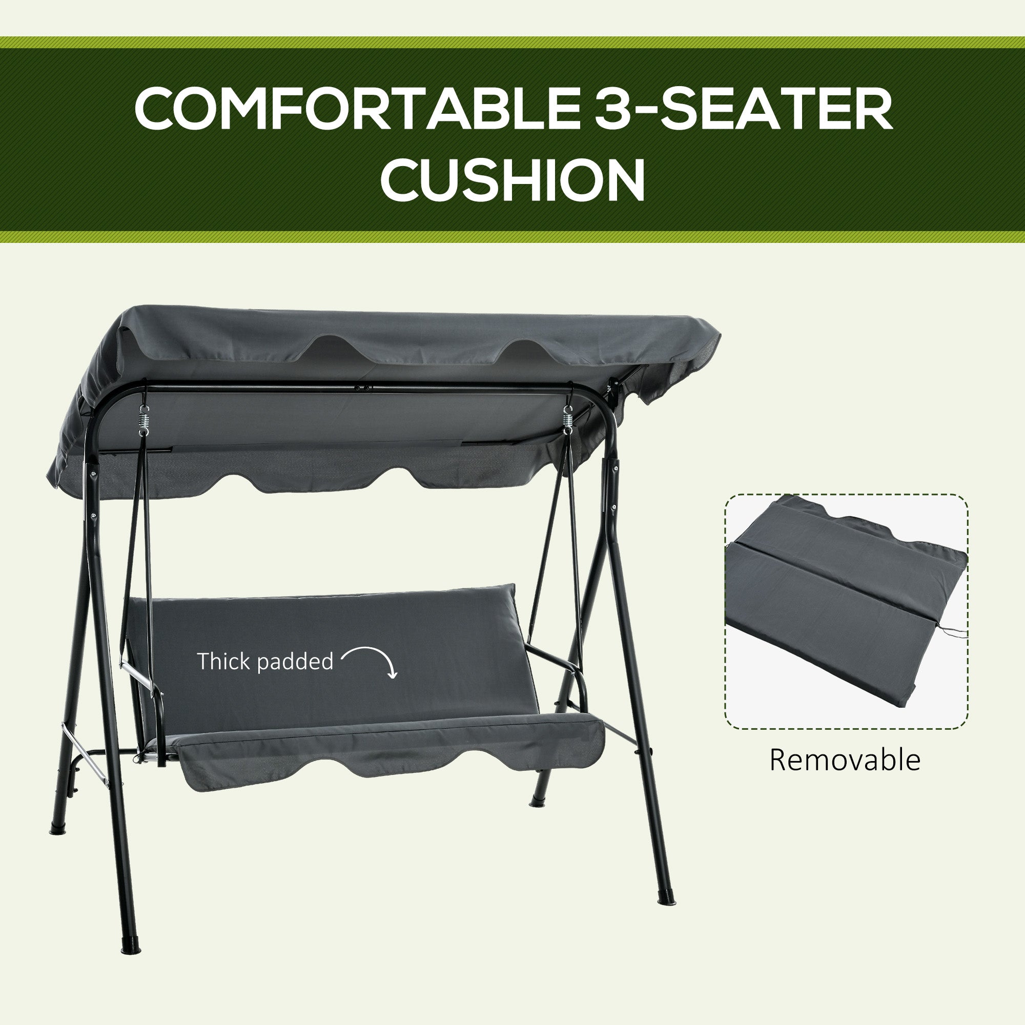 Outsunny 3-Seater Outdoor Porch Swing with Adjustable Canopy, Patio Swing Chair for Garden, Poolside, Backyard, Grey