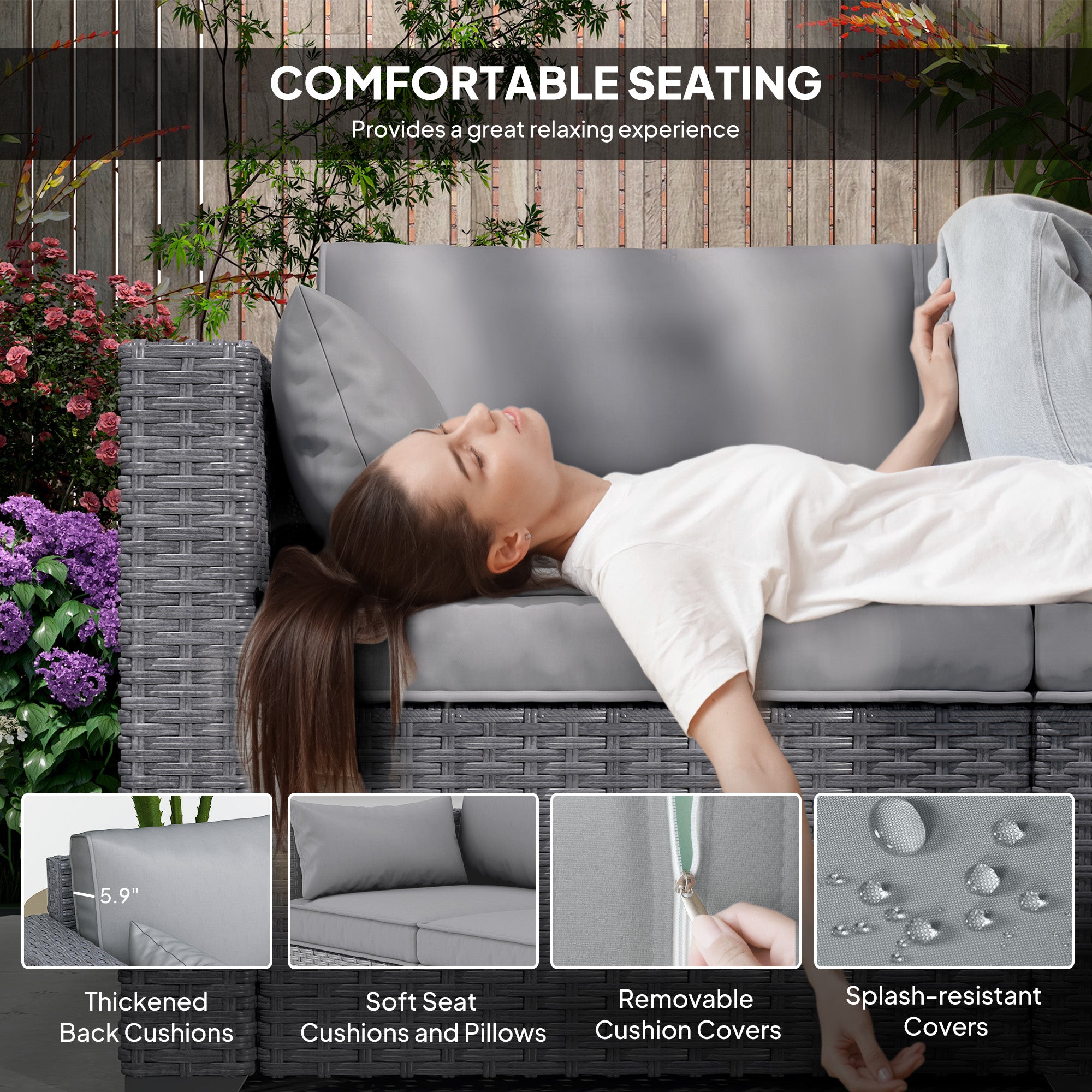 Outsunny 3 Seater Wicker Patio Sofa with Side Trays, Outdoor Couch with 6" Thick Back Cushions, Deep Seating, Grey