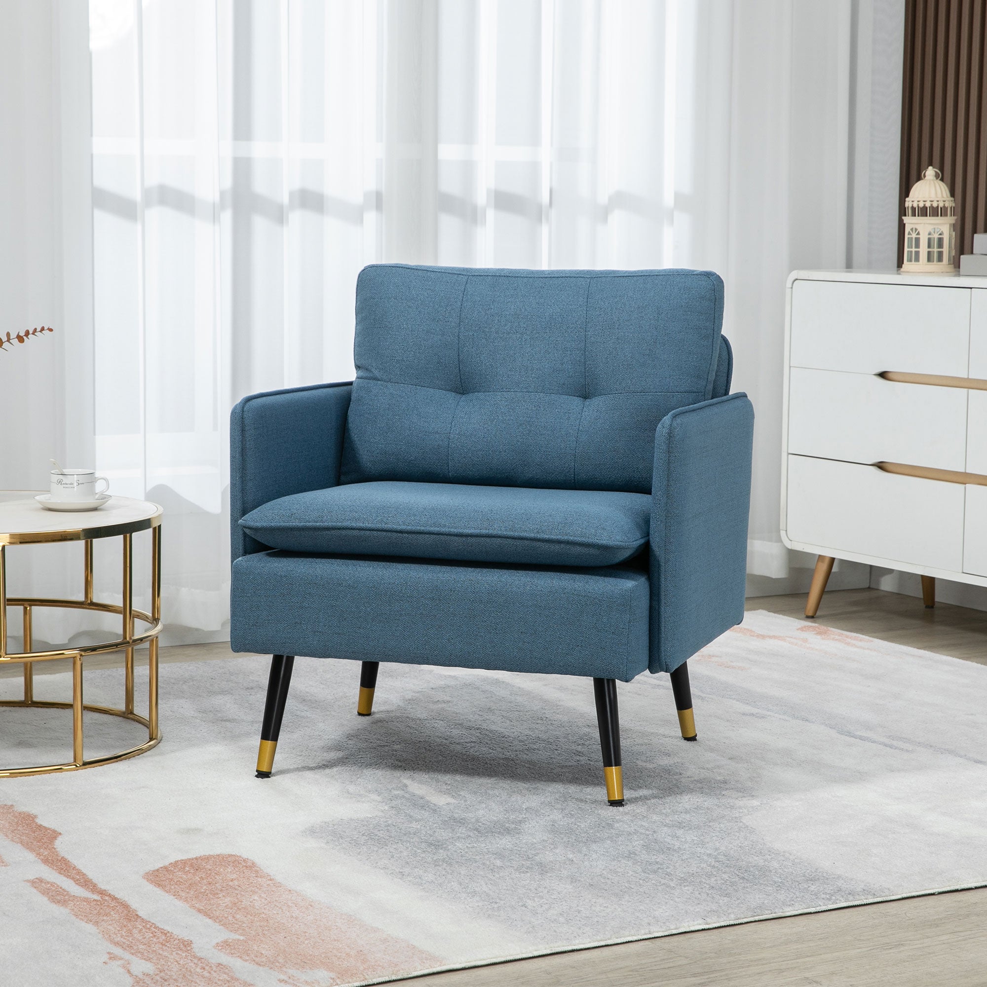 HOMCOM Modern Armchair, Upholstered Accent Chair with Tufted Back Cushion and Steel Legs for Living Room, Bedroom, Blue