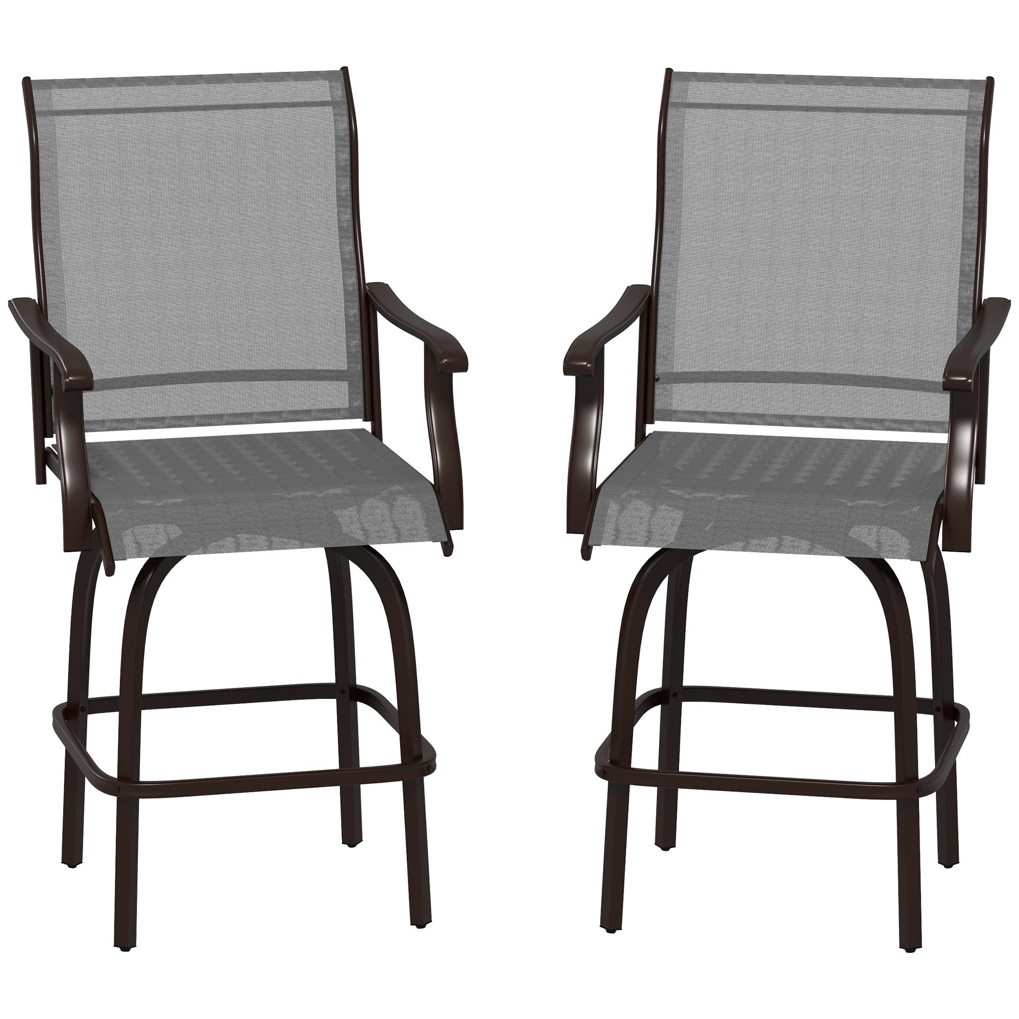 Outsunny Outdoor Bar Stools Set of 2, Swivel Bar Height Chairs with High Back, Curved Armrests and Steel Frame, Light Grey