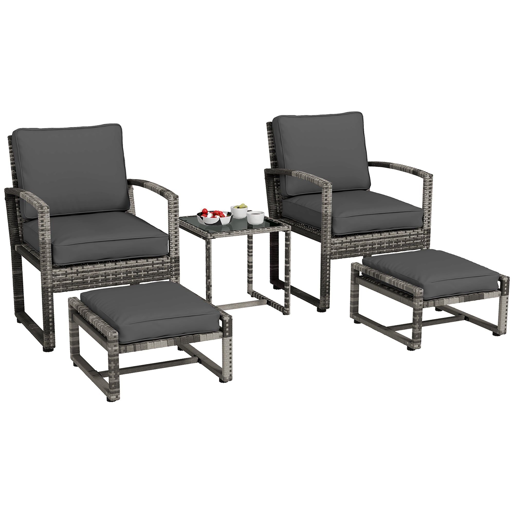 Outsunny 5 Pieces Patio Furniture Set with Armchair, Stool, Table, Cushions, Outdoor Wicker Conversation Sofa Set for Garden