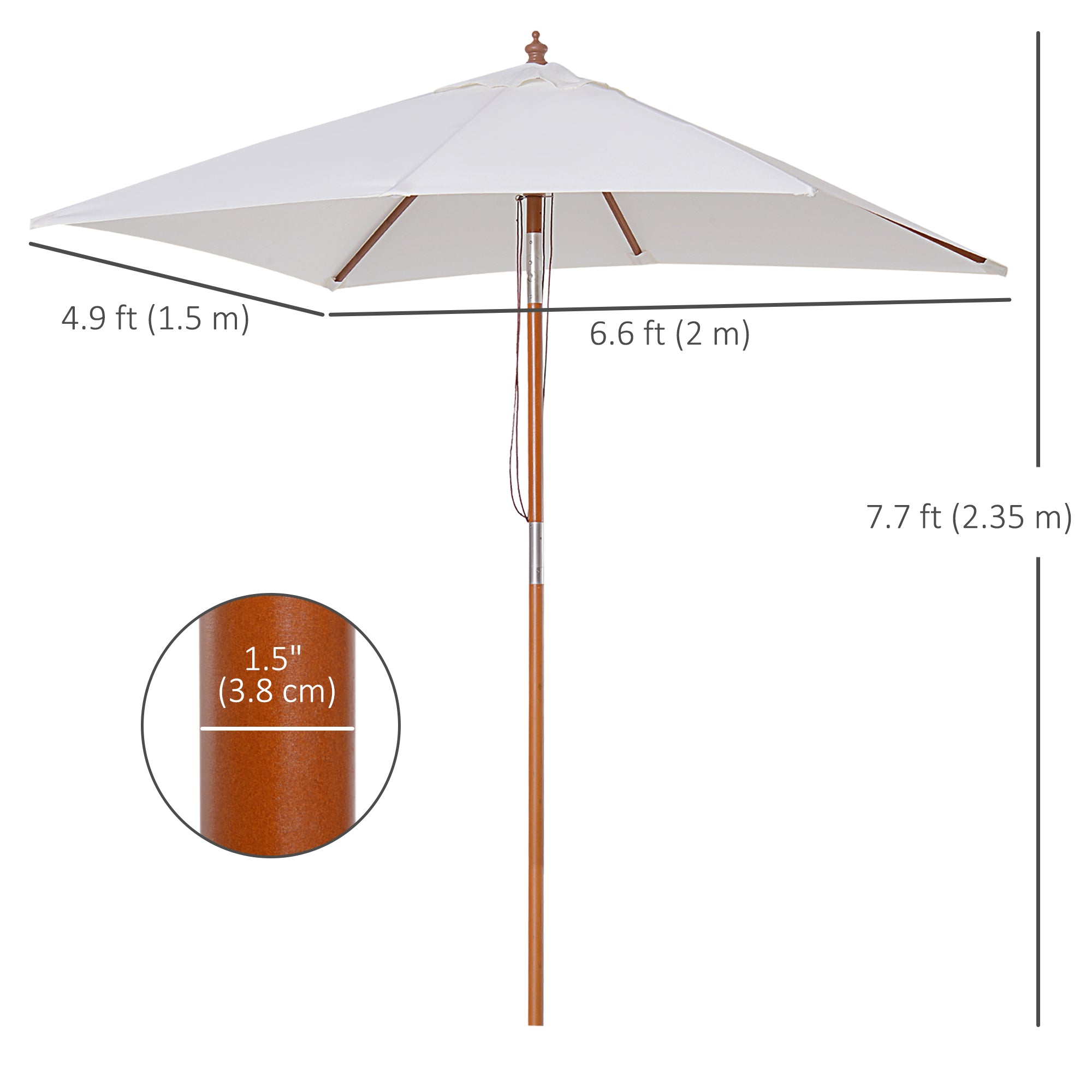 Outsunny 6.6x5ft Fir Wooden Patio Umbrella Square Market Parasol Tilt Mechanism 6 Ribs Garden Sunshade, Cream White