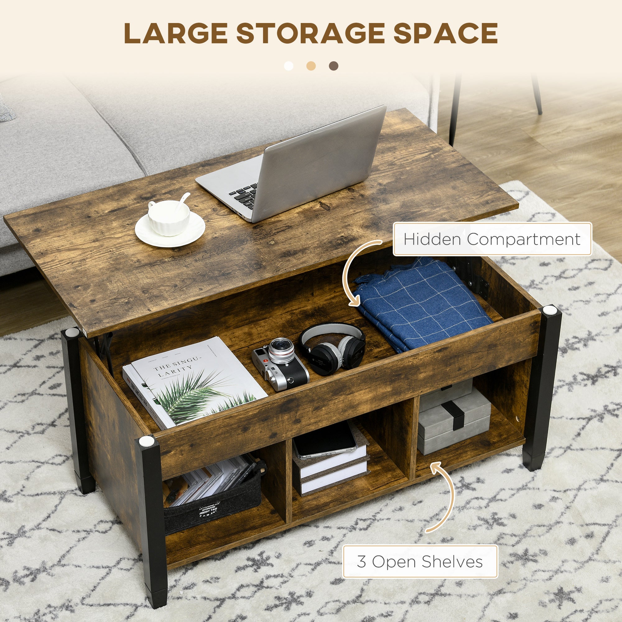 HOMCOM Lift Top Coffee Table with Hidden Storage Compartment and 3 Lower Shelves, Pop-Up Center Table for Living Room, Rustic Brown