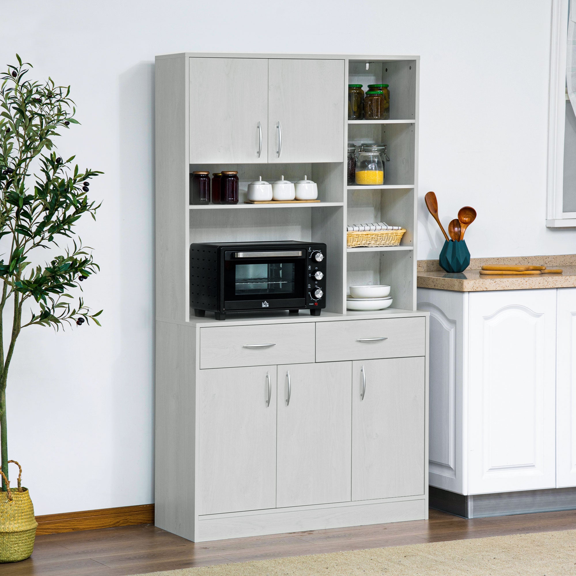 HOMCOM 71" Kitchen Hutch with Storage Cabinet, Modern Buffet with Hutch, Cupboard with Drawers for Living Dining Room, Ash White