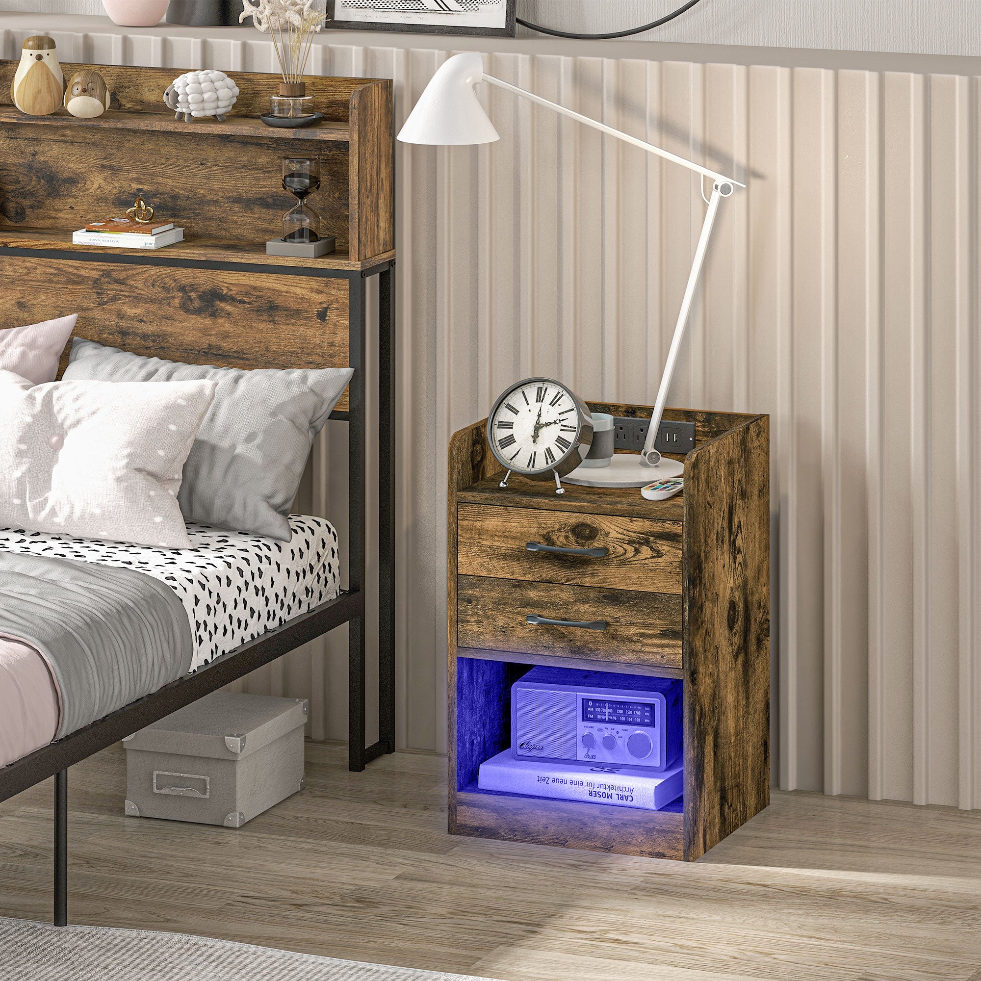 HOMCOM Tall Nightstand with Charging Station and LED Lights, Small Bedside Table with AC Outlets, USB Ports, 2 Drawers, Shelf