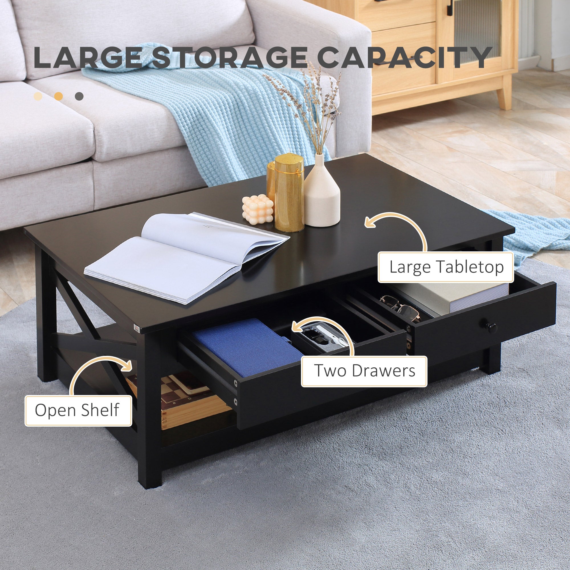 HOMCOM Coffee Table with Storage, Farmhouse Living Room Table with Drawers and Open Shelf, Centre Table with X-frames, Black