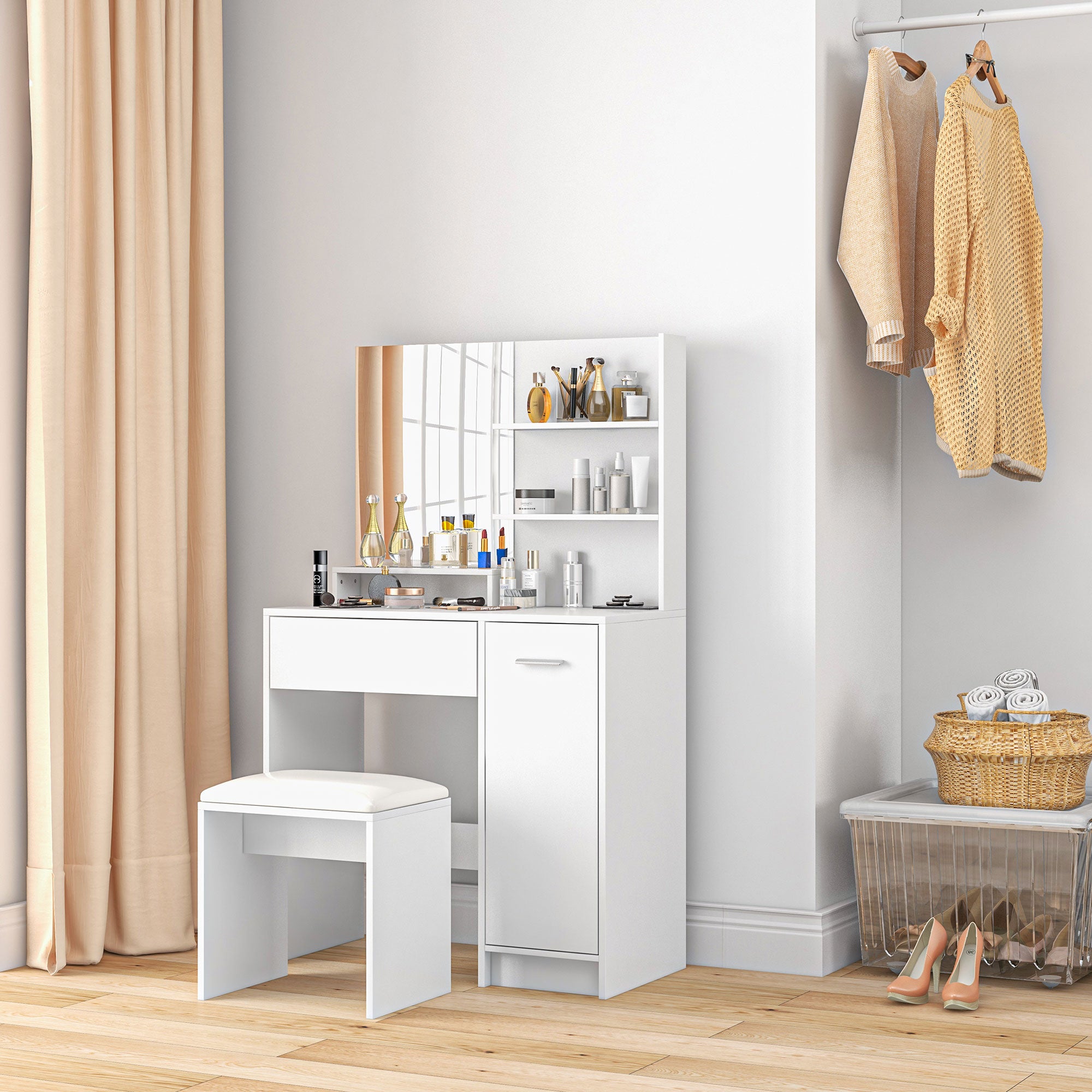 HOMCOM Vanity Set with Mirror and Stool, Makeup Vanity Table with Storage Drawer, Cabinet, Adjustable Shelf for Bedroom, White