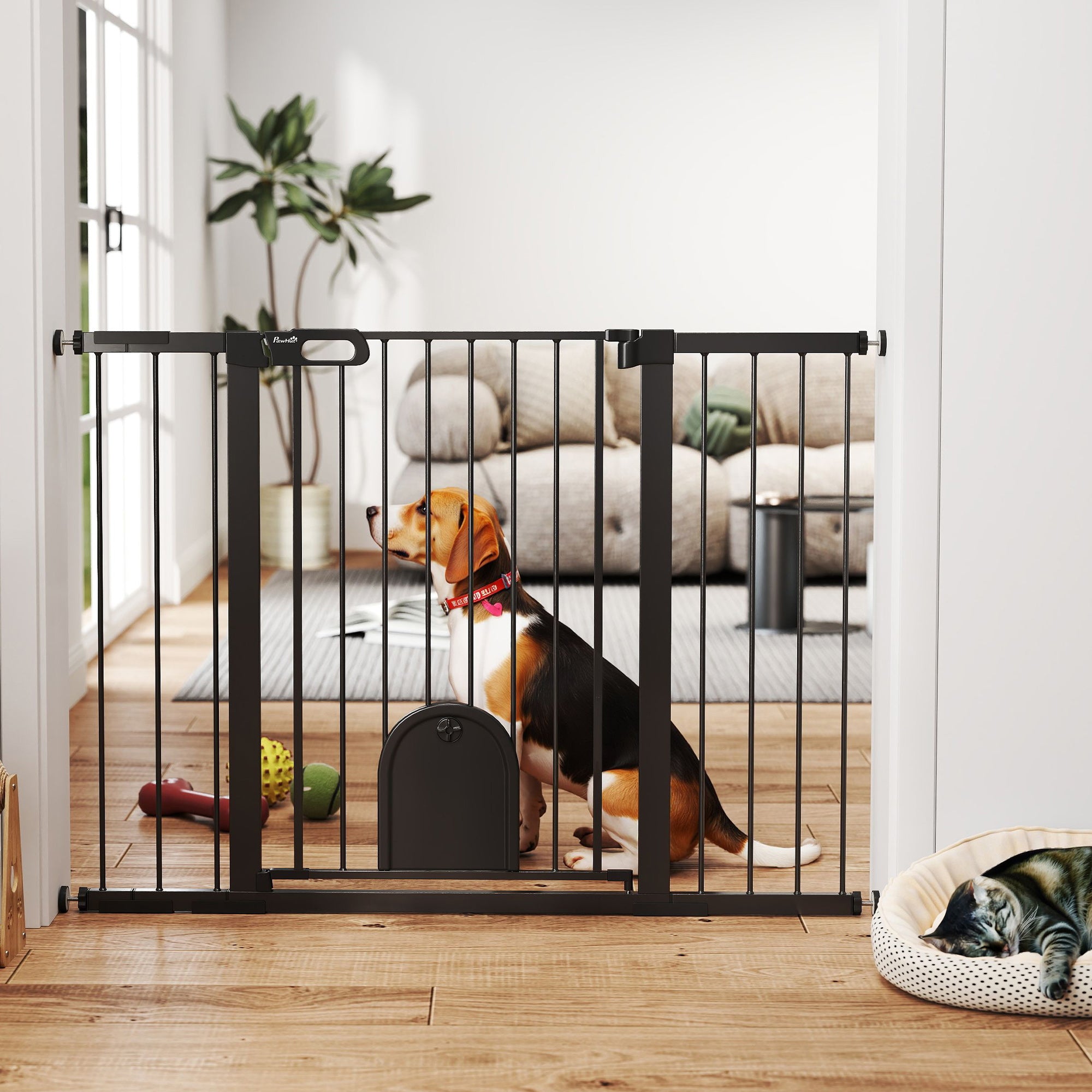 PawHut 30"-52" Extra Wide Pet Gate Barrier with Small Door, 35"H Dog Gate with Safety Gate Barrier, Stair Pressure Fit, Black