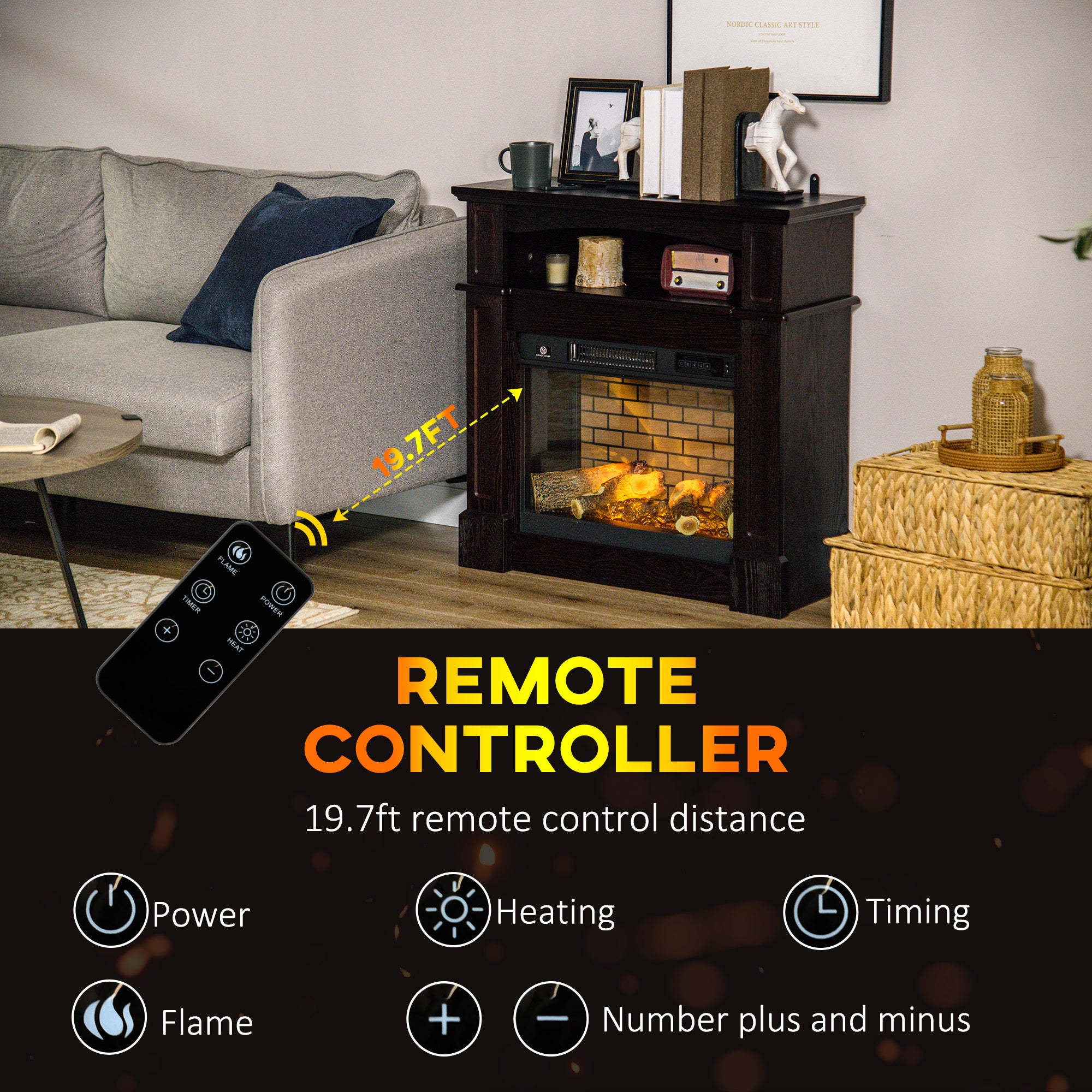 HOMCOM Electric Fireplace with Mantel, Freestanding Heater Corner Firebox with Remote Control, 700W/1400W, Brown