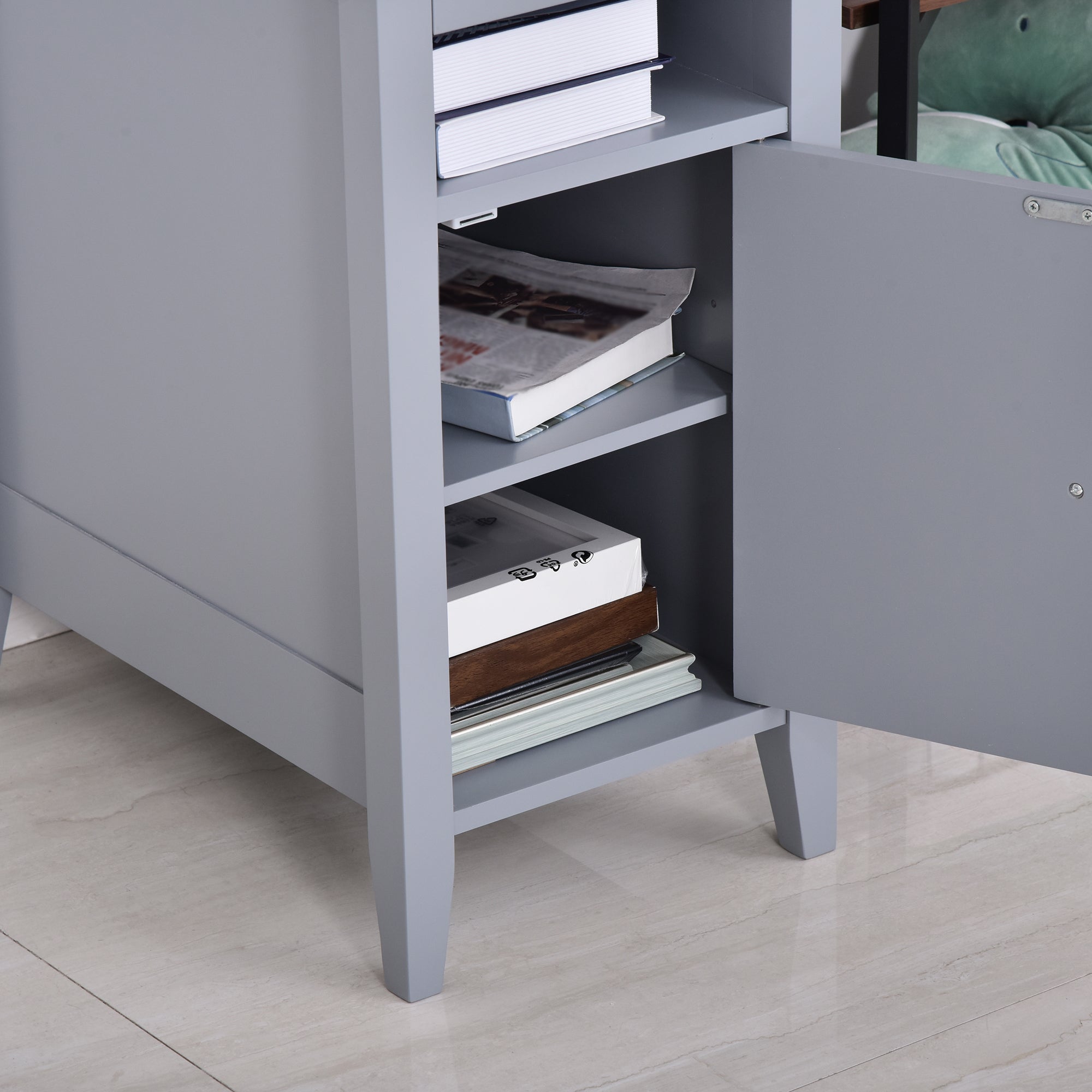 HOMCOM Wooden3-Tier Modern Nightstand with Pullout Shelf, Adjustable Open Shelf, and Door Cabinet, Grey