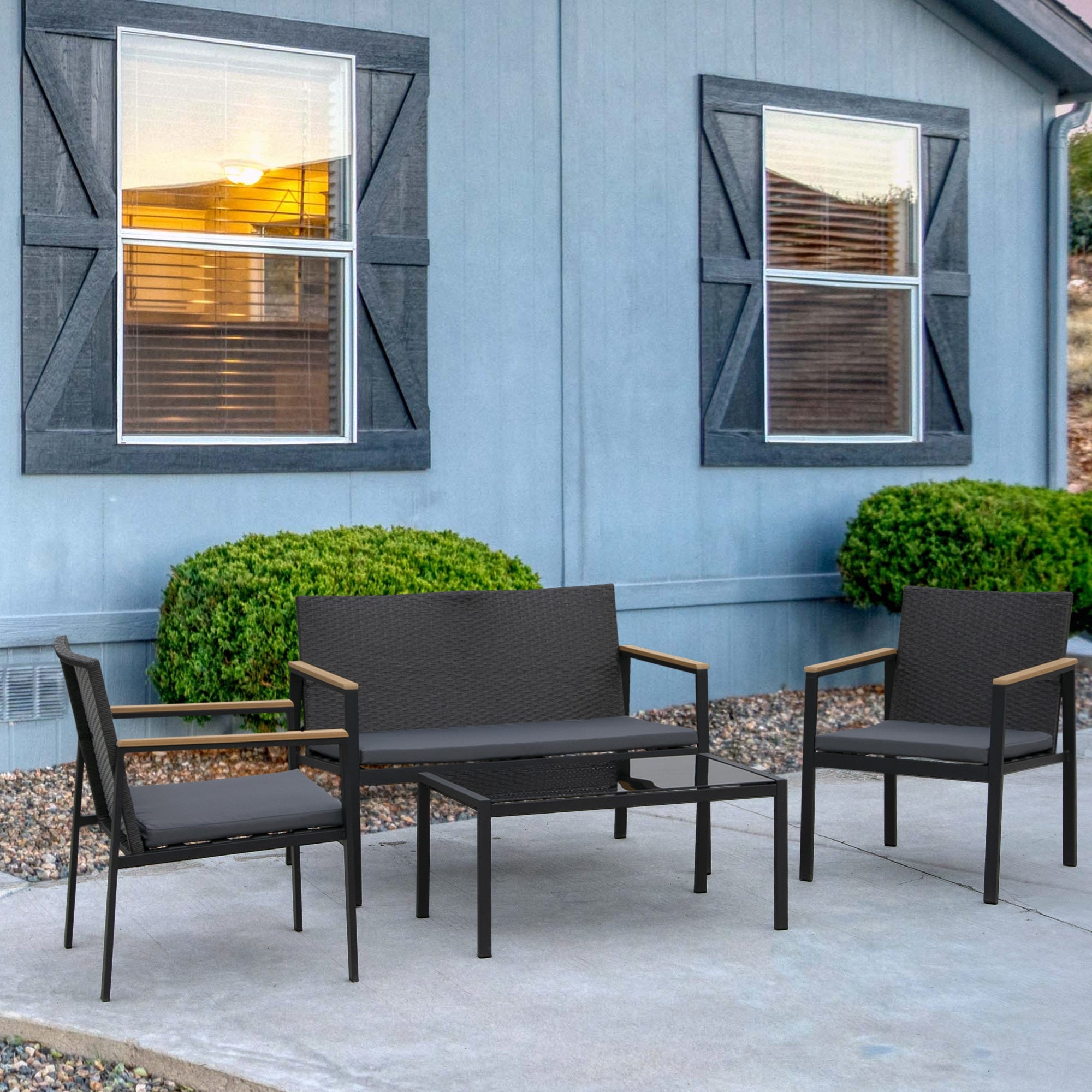 Outsunny 4 Pieces Wicker Patio Furniture Set with Cushions, Outdoor Rattan PE Rattan Conversation Set, Chairs and Loveseat with PS Board Armrests Decoration, Glass Top Table, Black