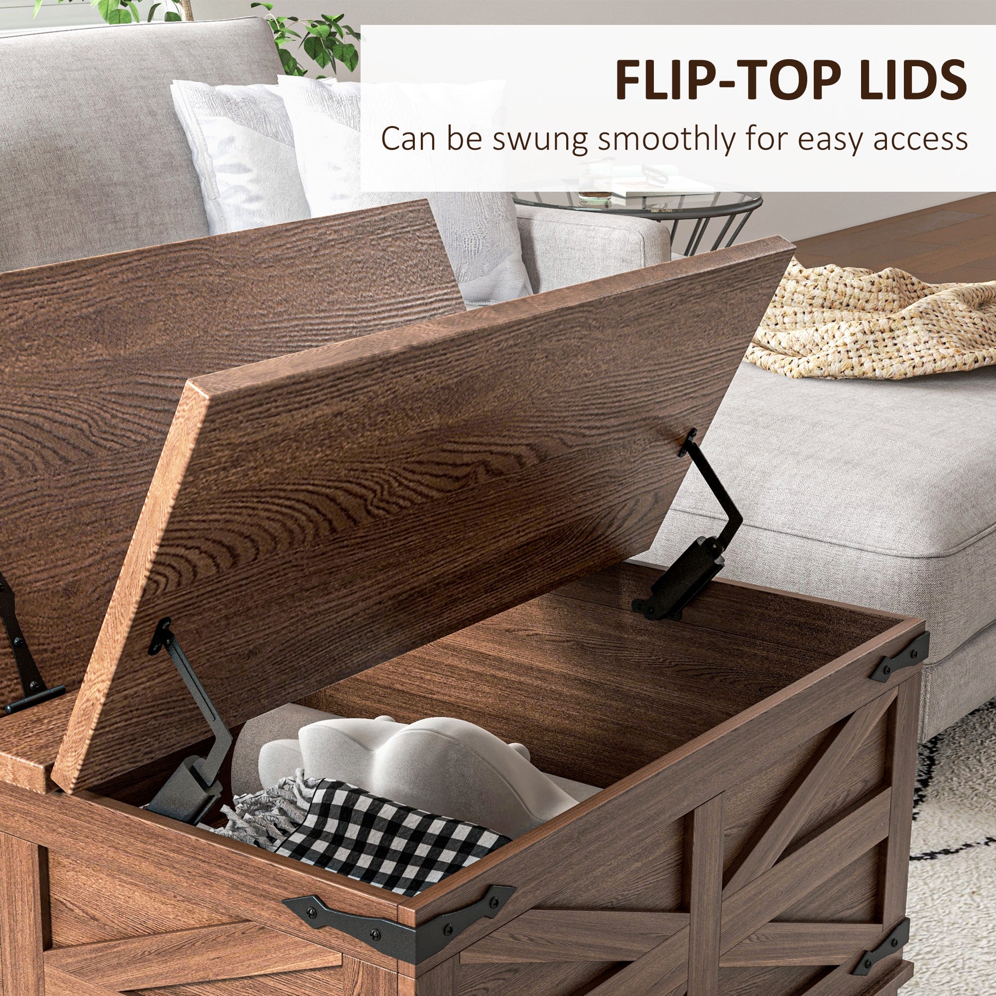 HOMCOM Farmhouse Coffee Table, Square Center Table with Flip-top Lids, Hidden Storage Compartment, Brown