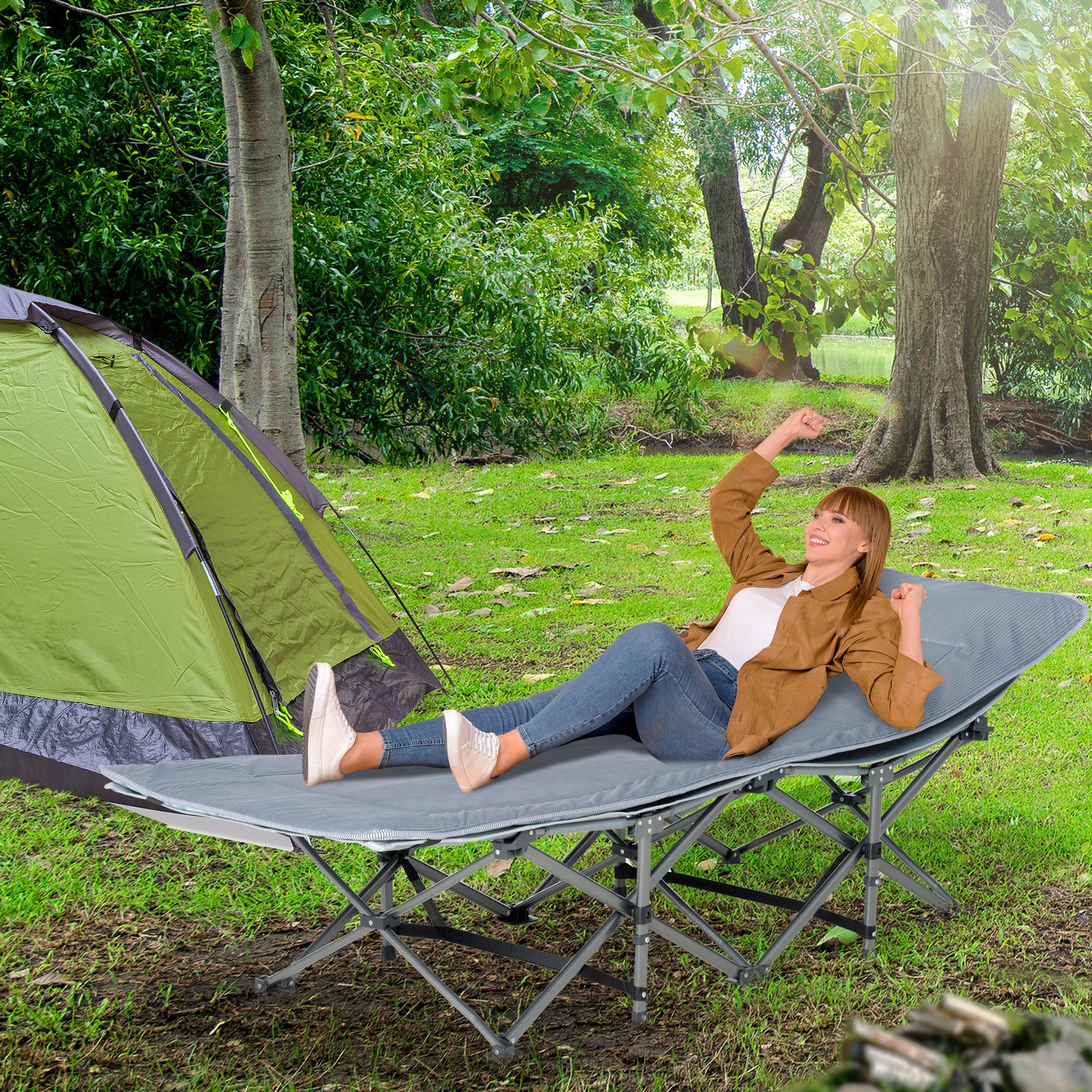 Outsunny Folding Camping Cot with Mattress & Pillow, Double Layer Oxford Heavy Duty Sleeping Cot with Carry Bag Dark Grey