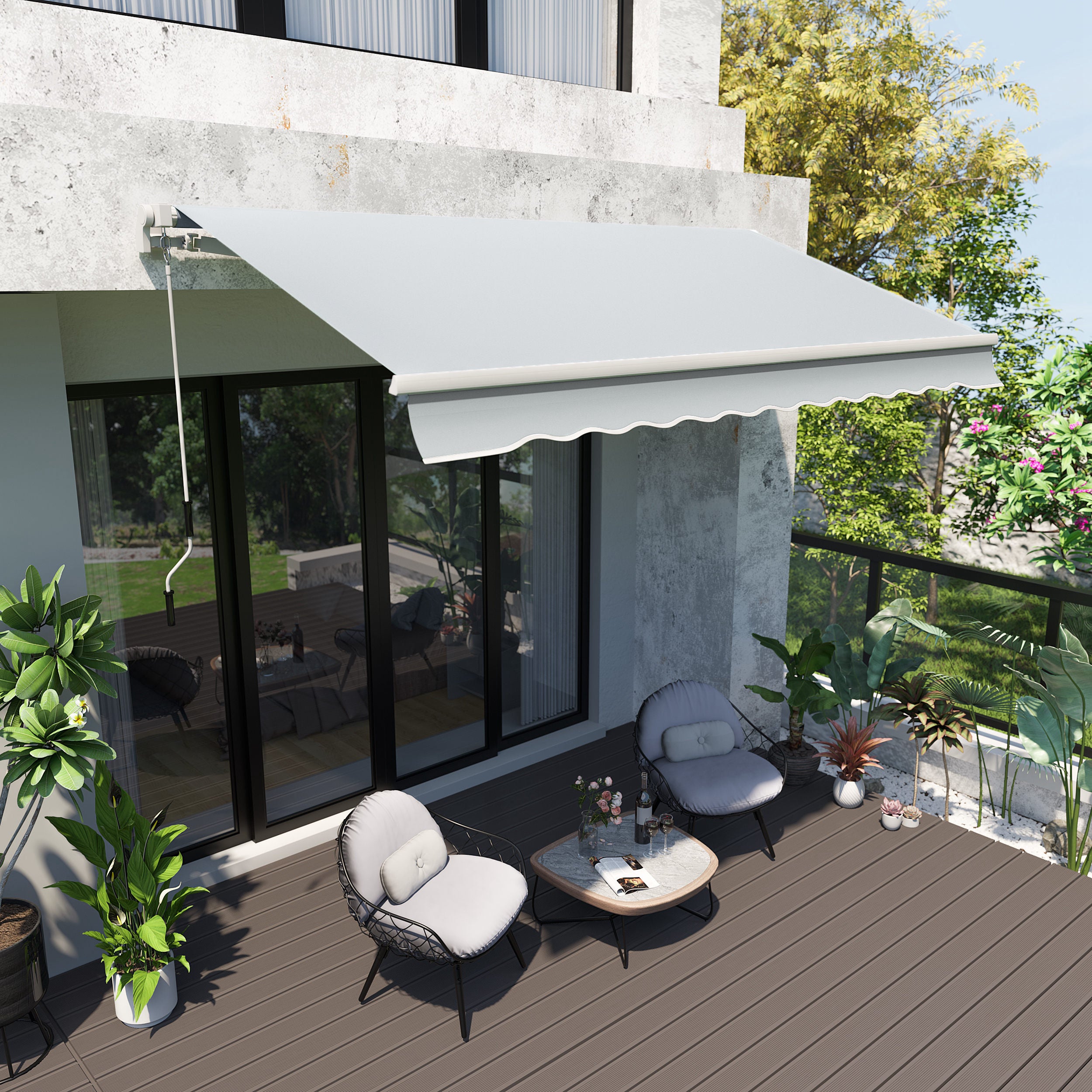 Outsunny 12' x 8' Retractable Awning Patio Awnings Sun Shade Shelter with Manual Crank Handle, UV & Water-Resistant Fabric and Aluminum Frame for Deck Balcony Yard, Grey